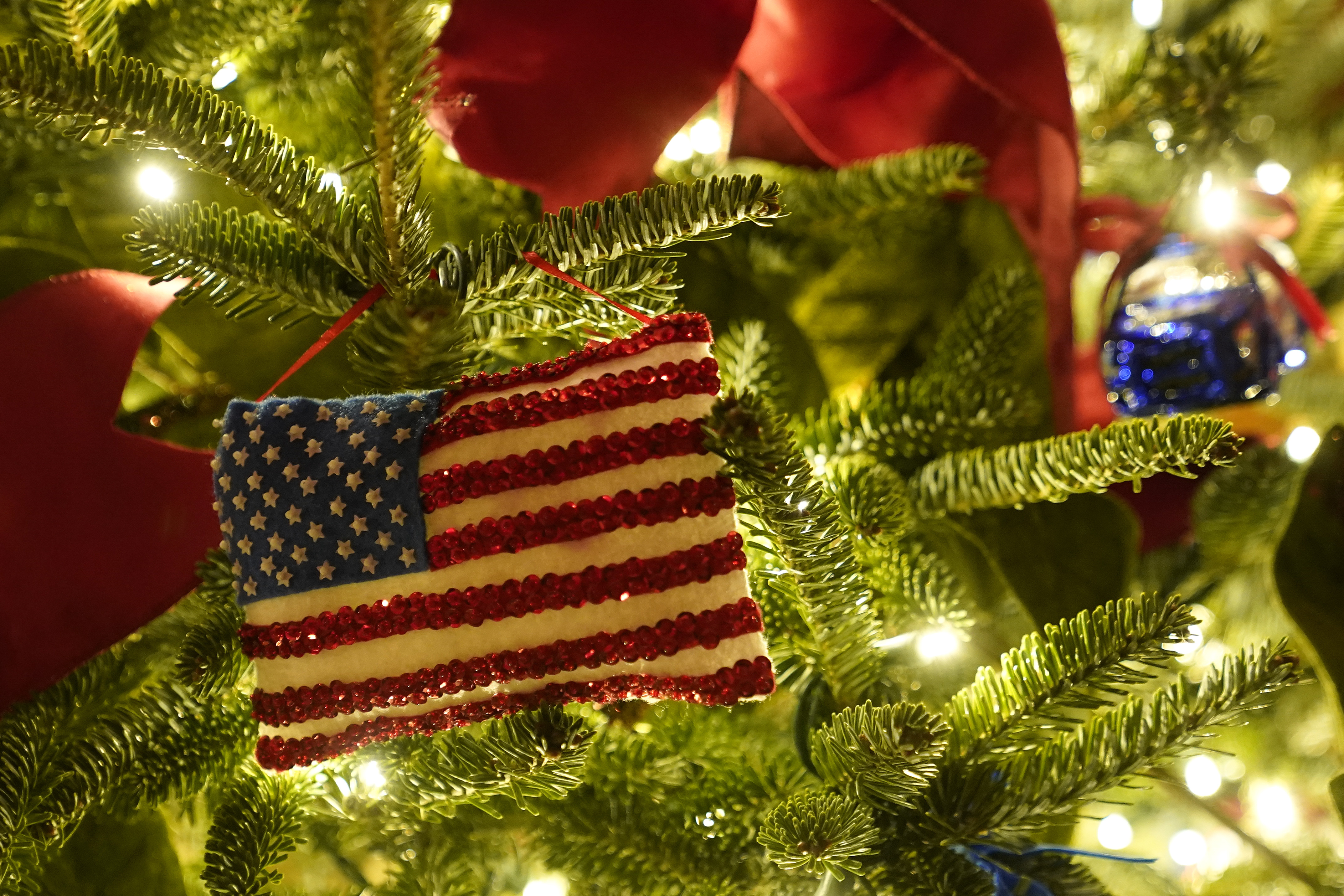 Ornaments hang from a tree during the 2020 Christmas preview at the White House, Monday, Nov. 30, 2020, in Washington. (AP Photo/Patrick Semansky)