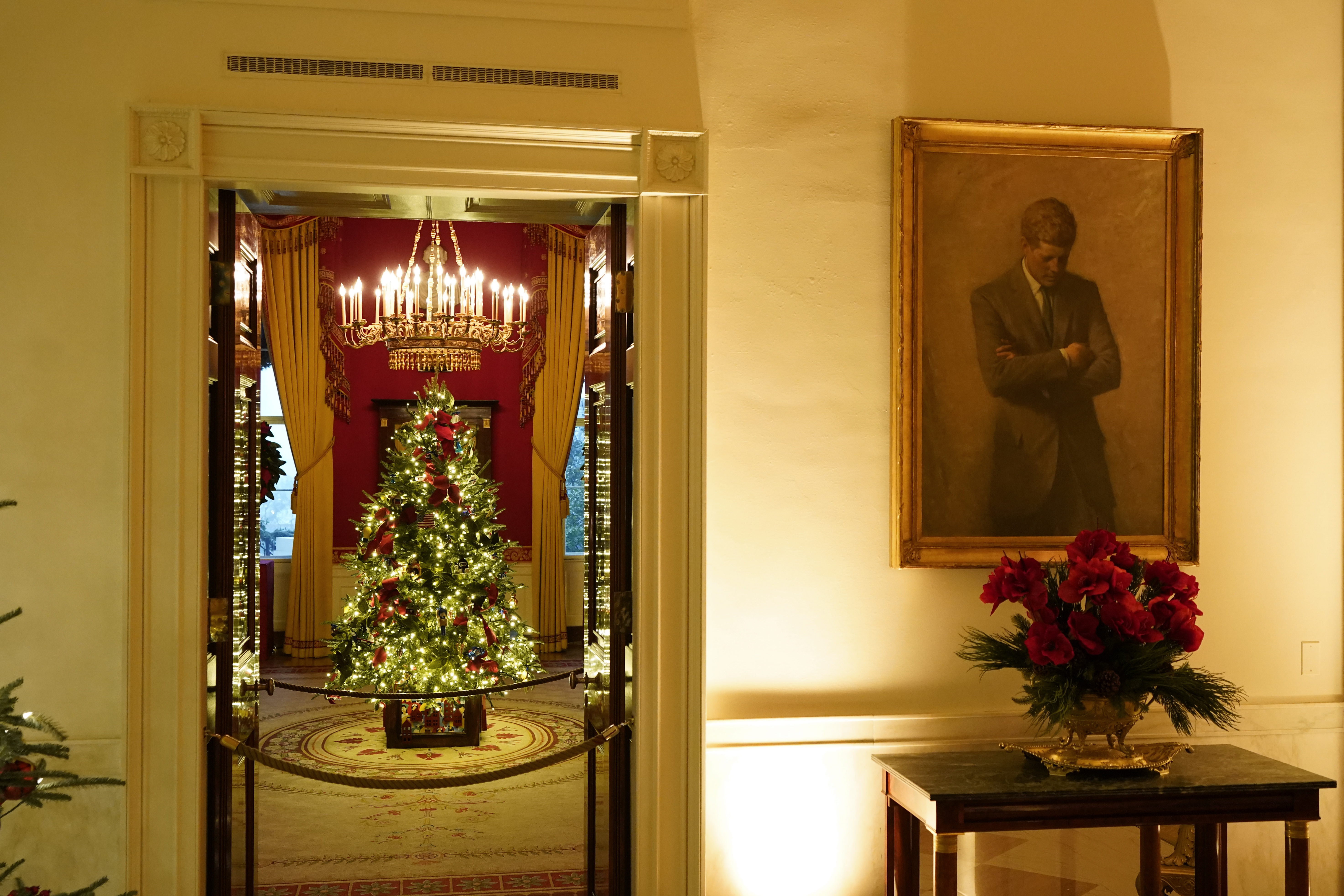 The Red Room of the White House is decorated during the 2020 Christmas preview, Monday, Nov. 30, 2020, in Washington. (AP Photo/Patrick Semansky)
