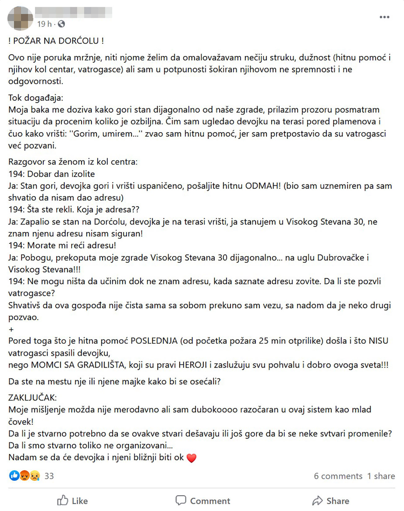 Požar na Dorćolu, Dorćol, Fejsbuk status, Foto: Facebook