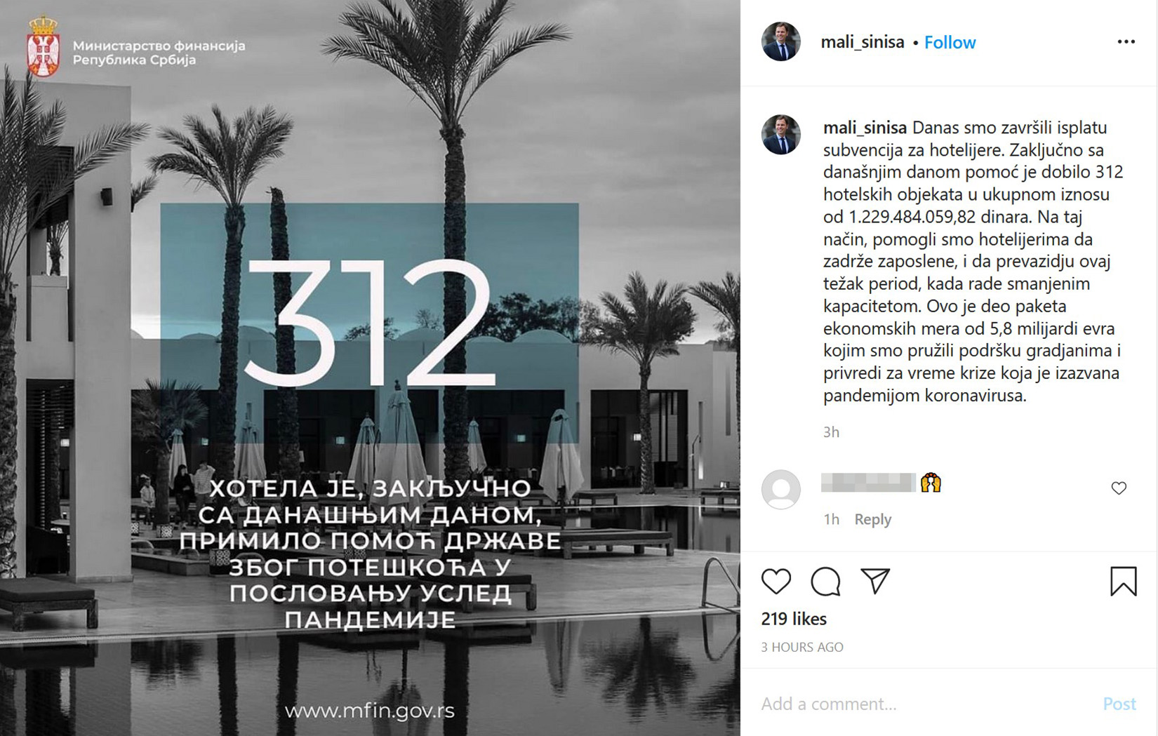 Hoteli, subvencije, pomoć države Foto: Instagram/mali_sinisa