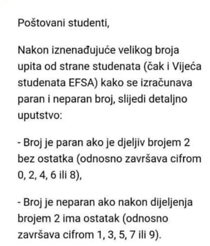 Sarajevo, Ekonomski fakultet, paran i neparan broj, izračunavanje, paran i neparan broj indeksa Foto: Printscreen