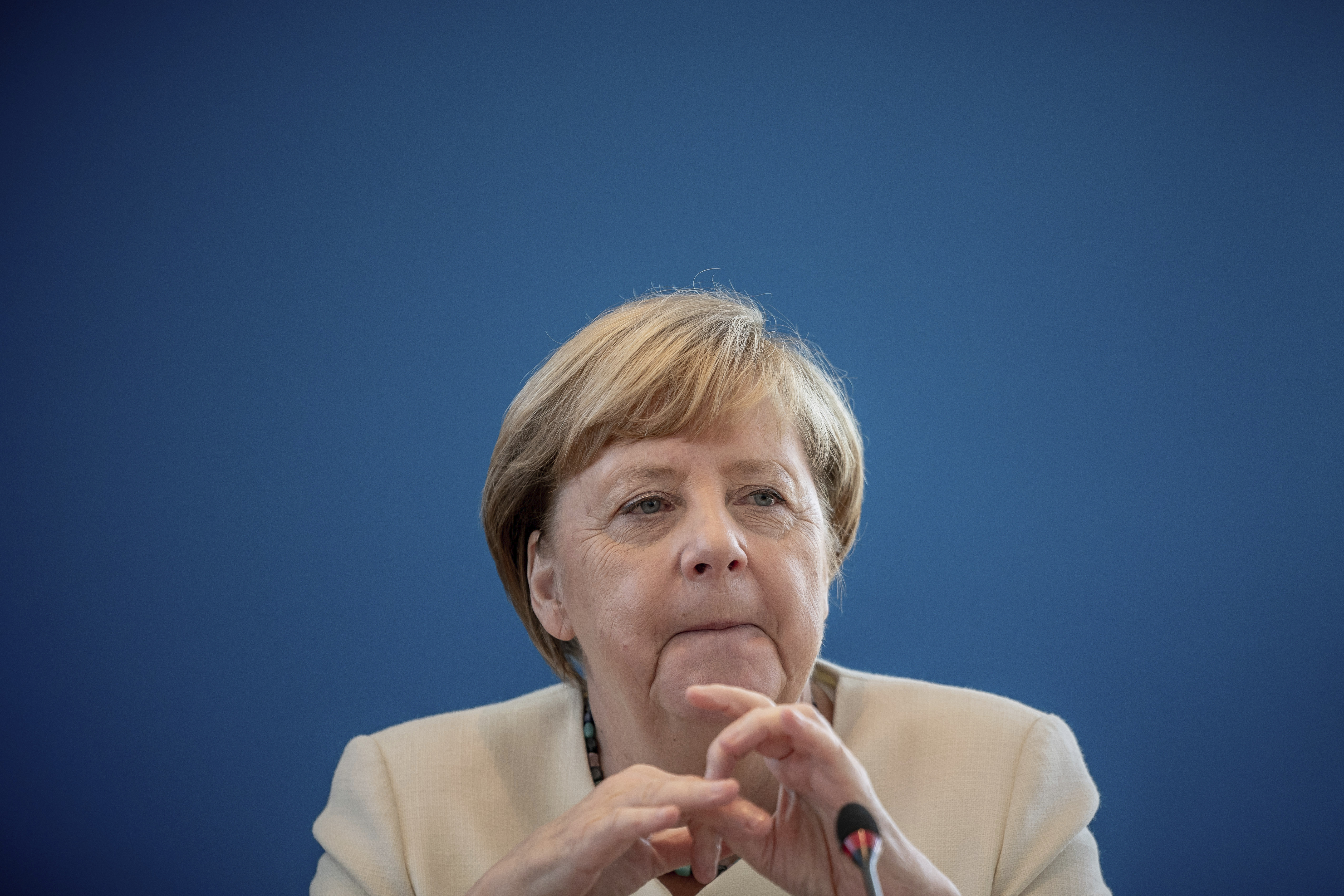 Chancellor Angela Merkel takes part in the meeting of the CDU Federal Executive Committee in Berlin, Germany, Monday, Sept. 14, 2020. The meeting was held in hybrid presence and virtually. (Michael Kappeler/Pool via AP)