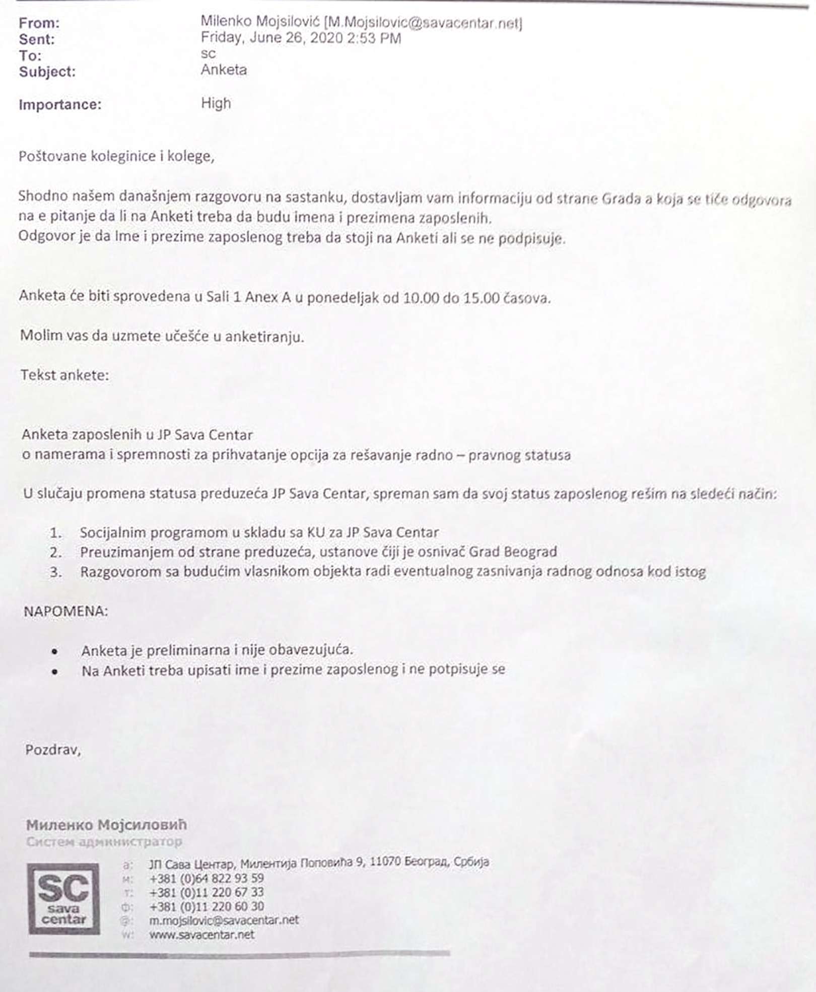Sava centar, anketa zaposlenih, dokument