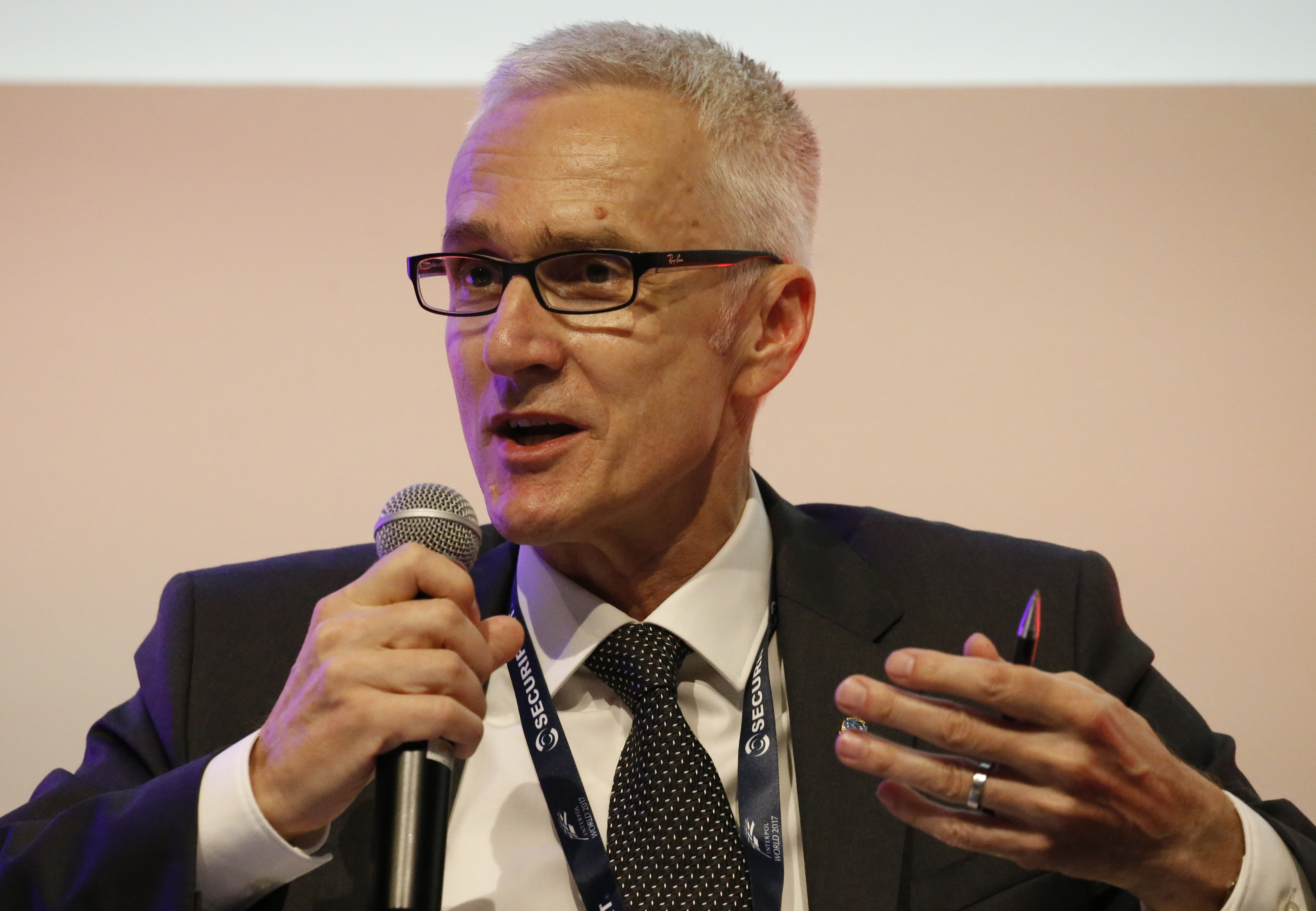 epa06064533 Secretary-General of Interpol, Juergen Stock speaks during the Interpol World Congress 2017 in Singapore, 04 July 2017. The congress runs from 04 to 07 July and features around 200 security exhibitors.  EPA/WALLACE WOON
