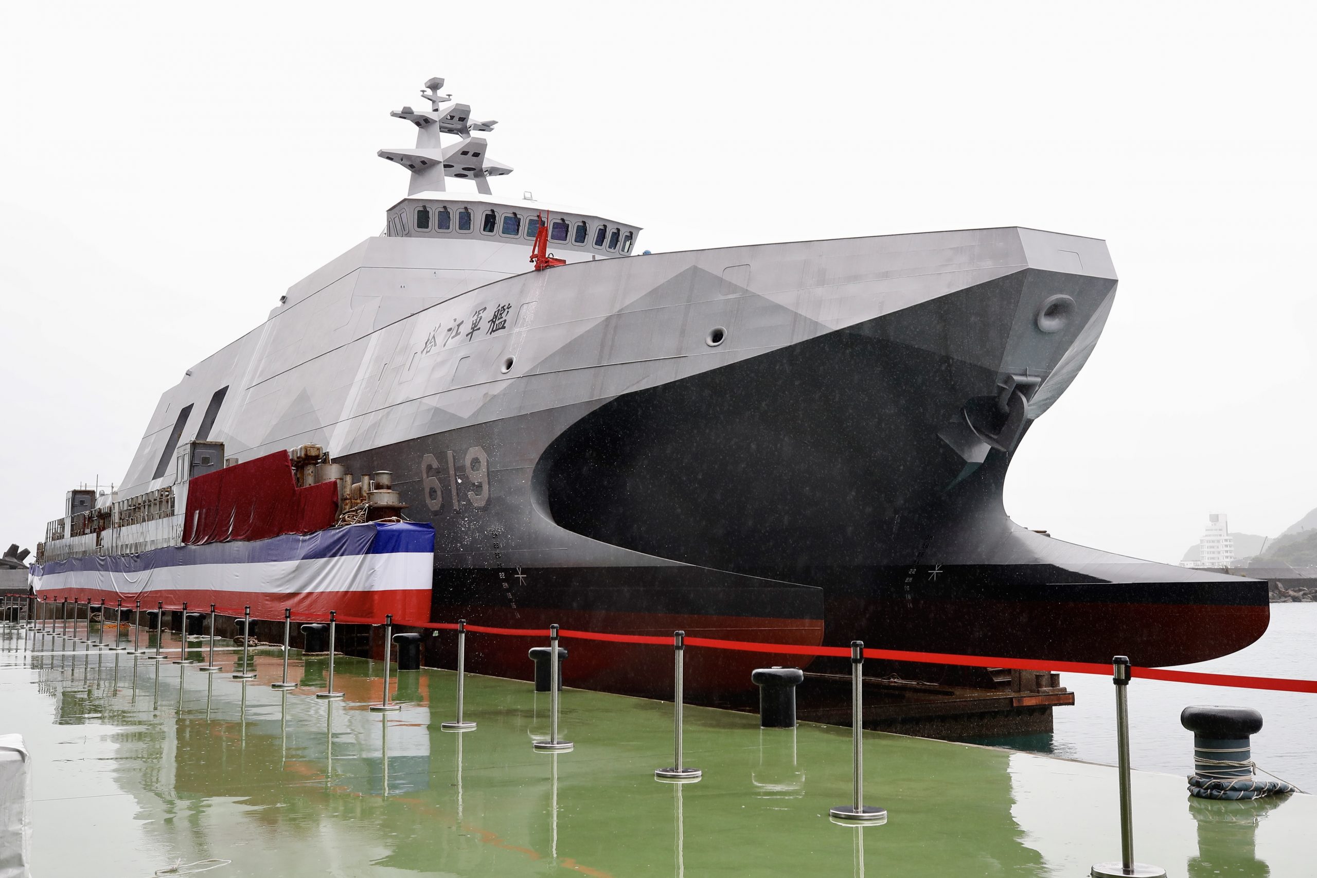 epa08884545 Taiwan Navy's Tuo Chiang-class corvette named 'Ta Jiang', sits at dock during its naming ceremony in Yilan, Taiwan, 15 December 2020. The ship is a guided missile corvette that is domesically produced.  EPA-EFE/RITCHIE B. TONGO