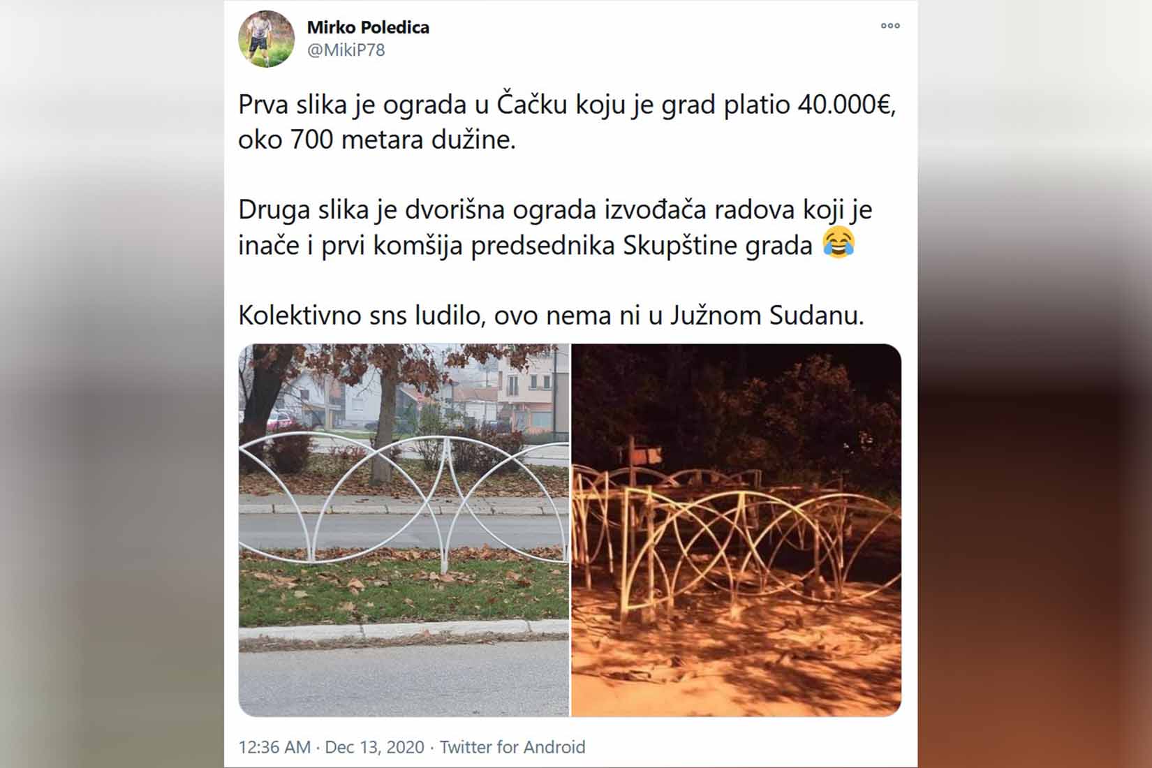 Čačak, ograda Foto: Printscreen/Twitter/Mirko Poledica/@MikiP78