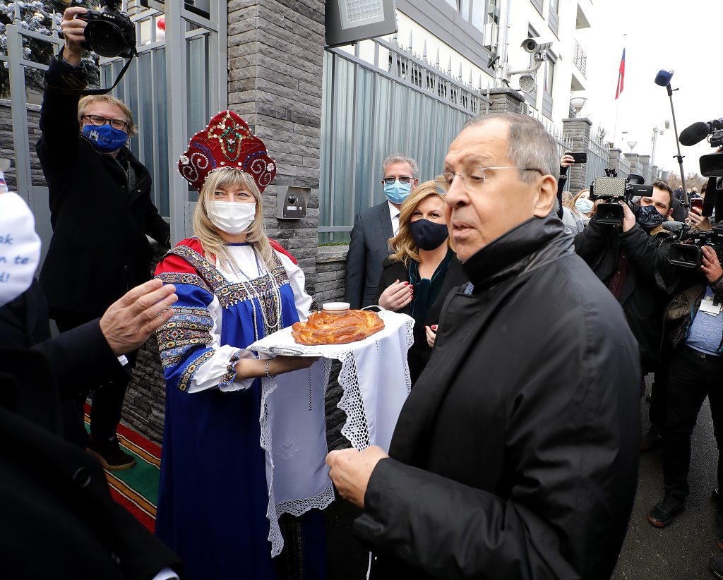 epa08887325 Russian Foreign Minister Sergei Lavrov (R) attends the opening of a new Russian Embassy in Zagreb, during his visit in Zagreb, Croatia, 16 December 2020. Russian Foreign Minister pays a working visit to Croatia.  EPA-EFE/ANTONIO BAT