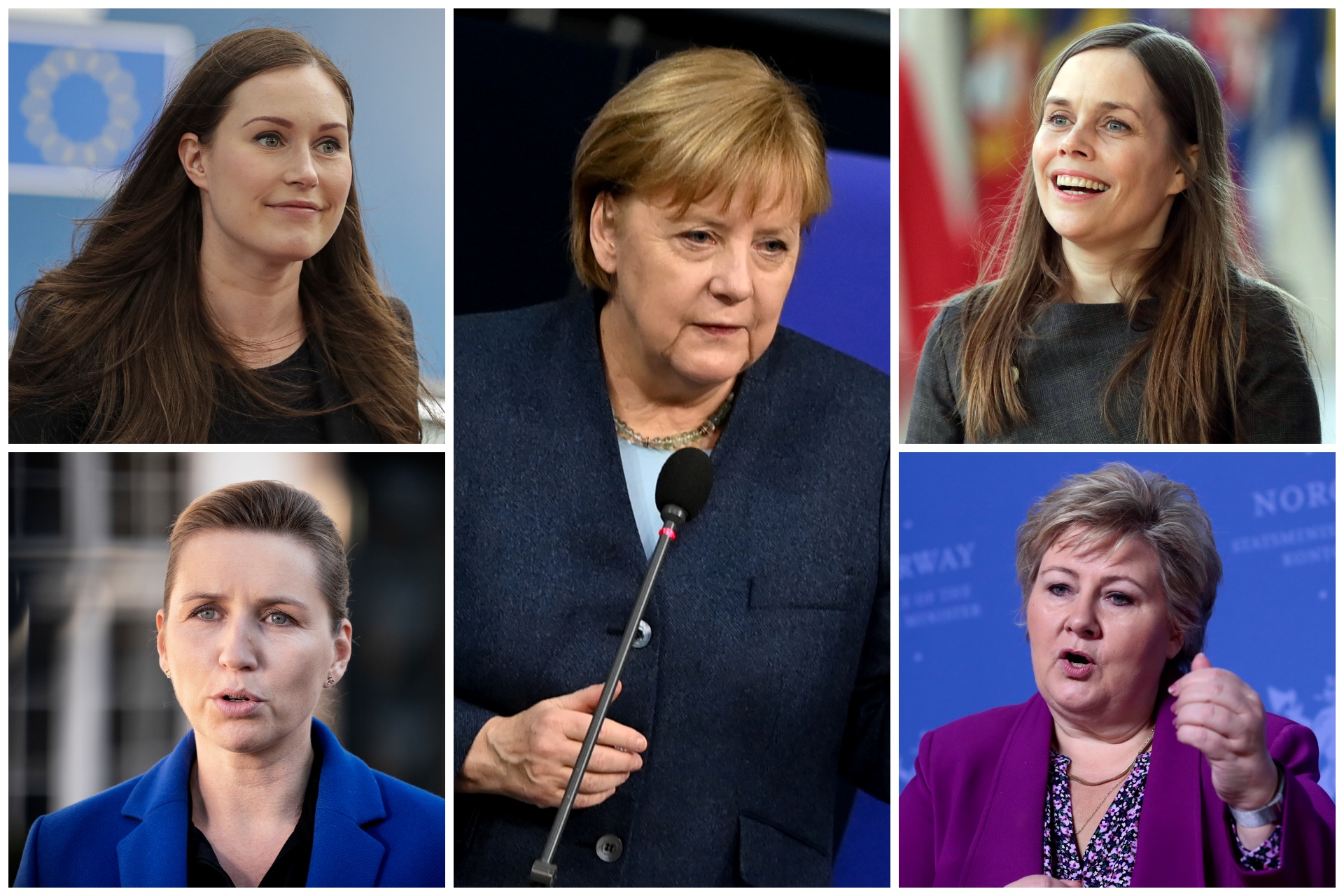 Sana Marin, mete Fredriksen, Merkel, Katrin jakobsdotir, Erna Solberg