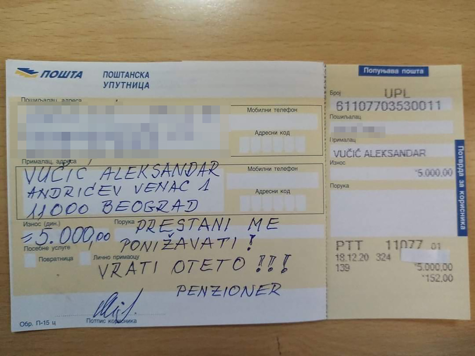 Mileta Delić, vratio jednokratnu pomoć od 5000 dinara, penzioner Foto: Twitter/Opet ja/@Opetja11