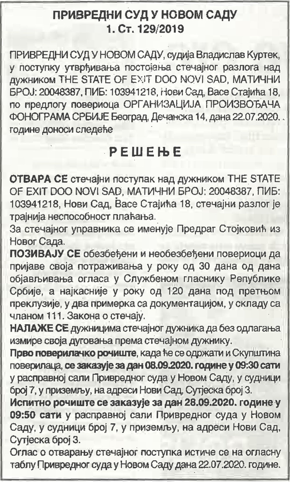 Exit, Egzit, stečaj, dugovanje, dugovanja, dugovi Foto: Oglas/Dnevni list Danas