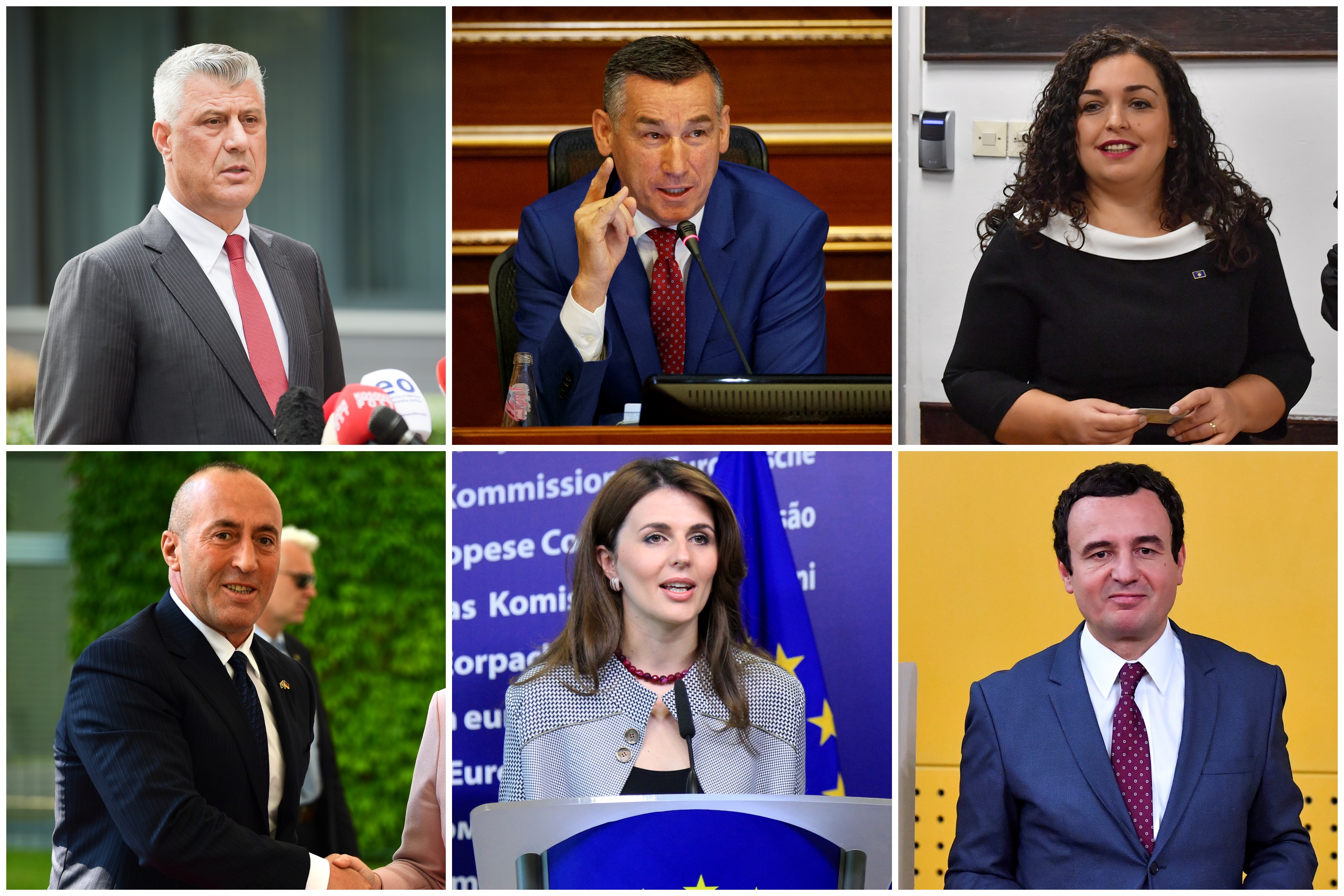 Hašim Tači, Kadri Veselji, Vjosa Osmani, Ramuš Haradinaj, Vljora Čitaku, Aljbin Kurti, komob, Kosovo Foto: EPA-EFE/STRINGER/VALDRIN XHEMAJ/GEORGI LICOVSKI/CLEMENS BILAN/OLIVIER HOSLET