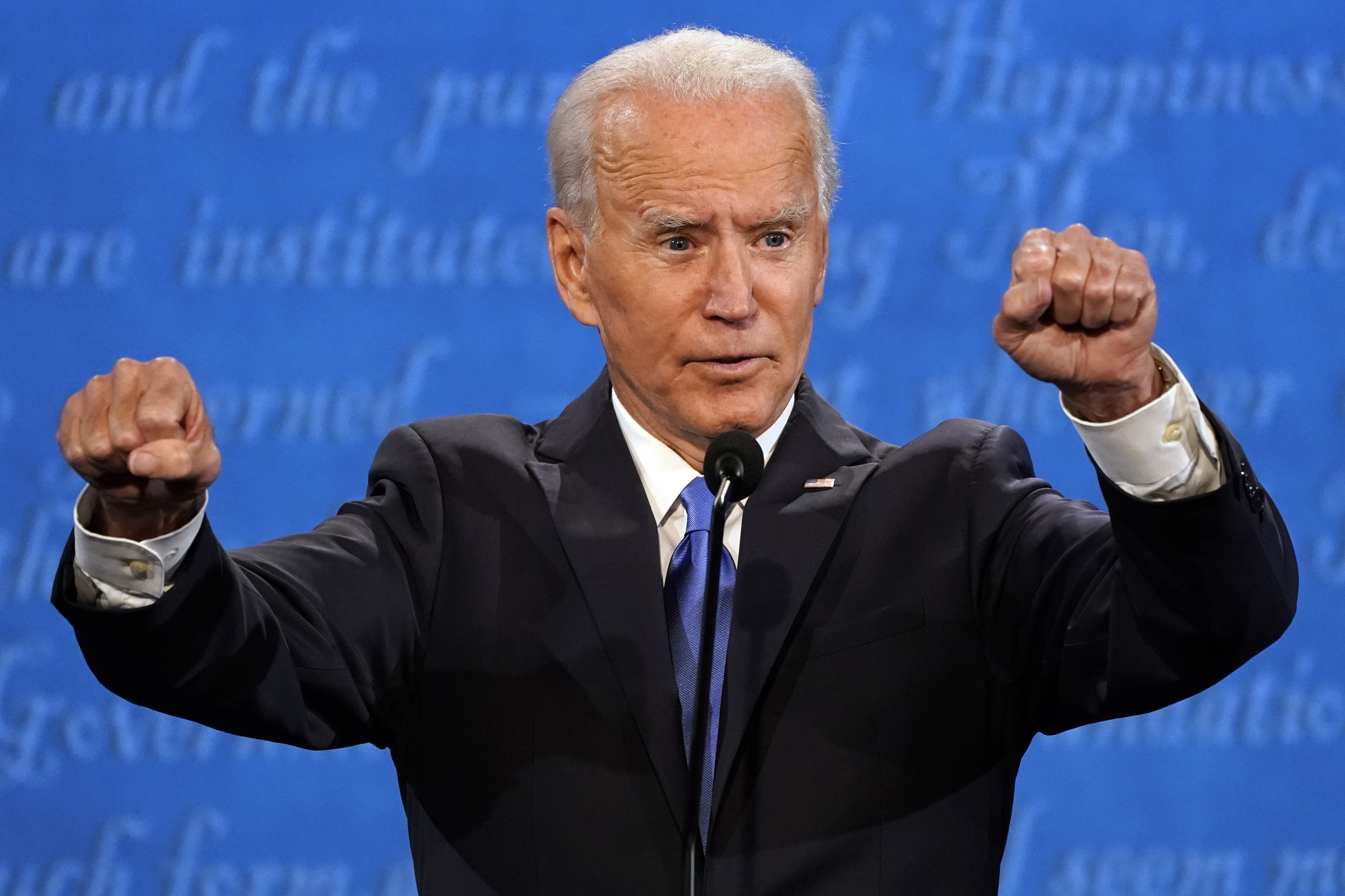 Democratic presidential candidate former Vice President Joe Biden speaks during the second and final presidential debate Thursday, Oct. 22, 2020, at Belmont University in Nashville, Tenn., with President Donald Trump. (AP Photo/Julio Cortez)