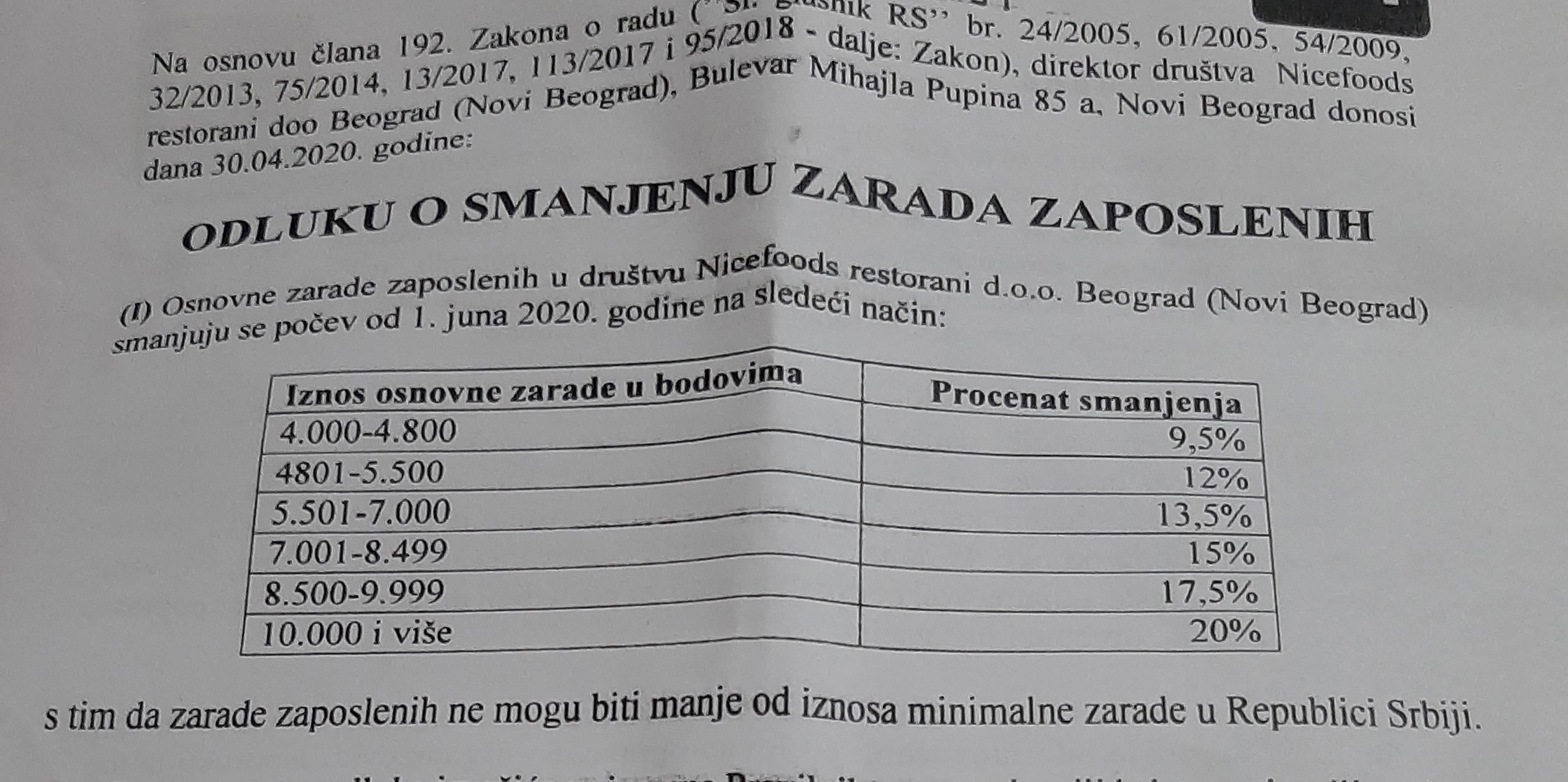 Tabela smanjene zarada