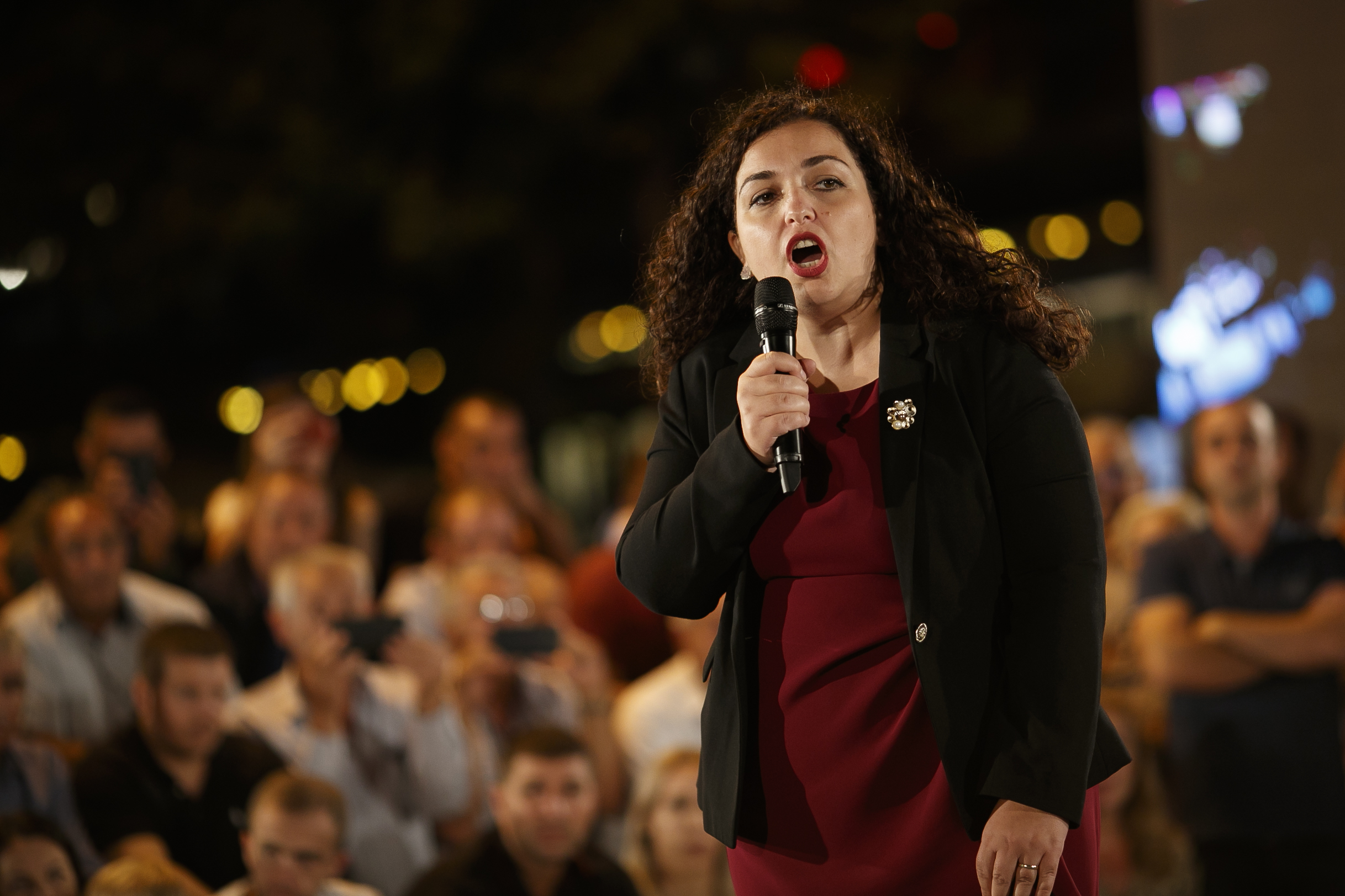 Vjosa Osmani hodls a speech during a pre electoral rally in Prizren