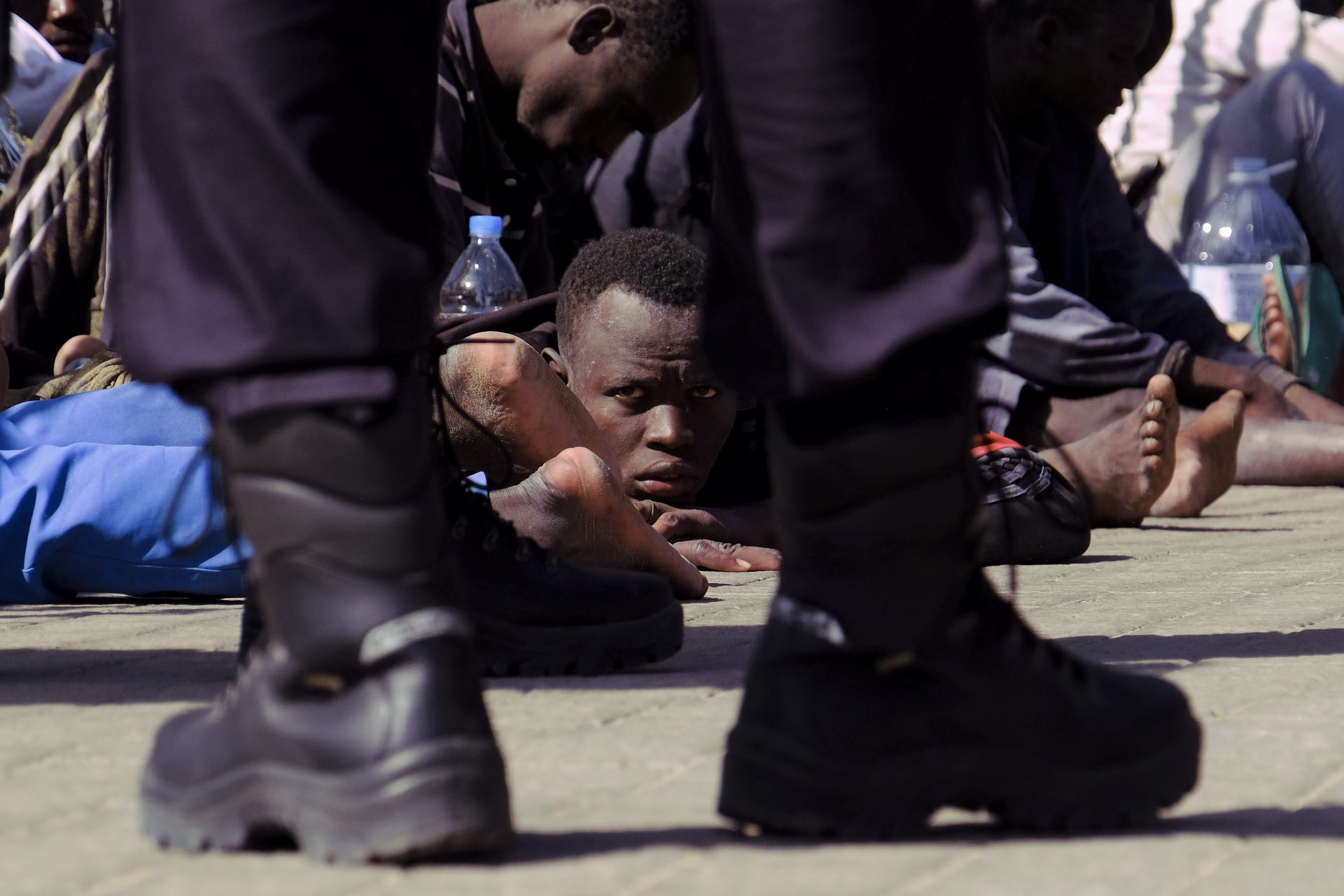 African migrants after arriving at the coast of Gran Canaria island, Spain on Sunday, Nov. 1, 2020. Crossing the Atlantic Ocean sailing on a wooden boat, a group of 44 migrants arrived at Maspalomas beach. (AP Photo/Javier Bauluz)