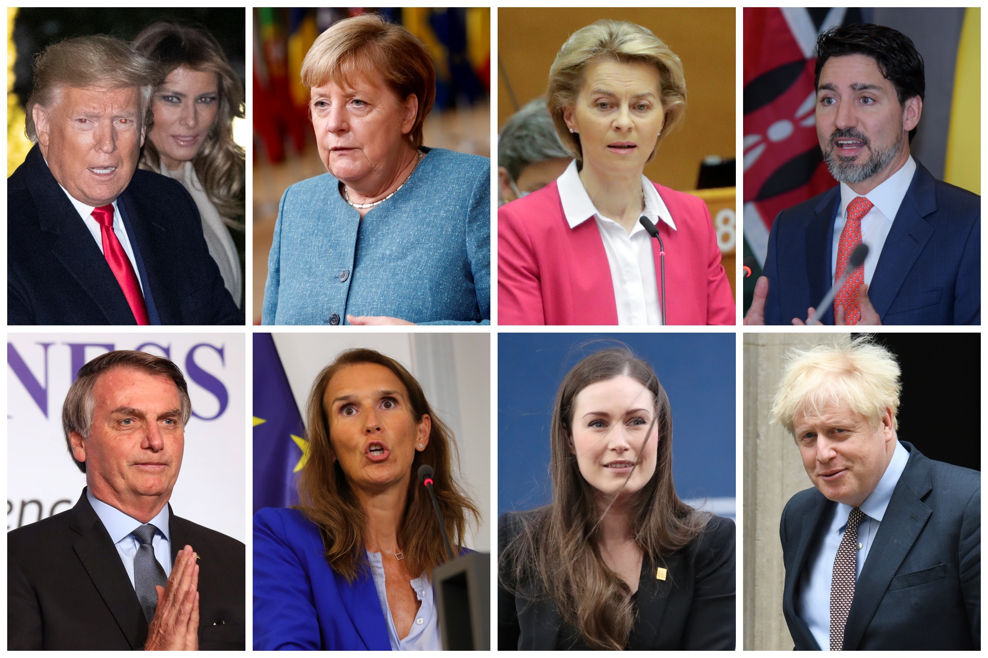 Tramp, Melanija, Merkel, Fon Lajen, Trudo, Bolsonaro, Vilmes, Marin, Boris kombo, političari koronavirus