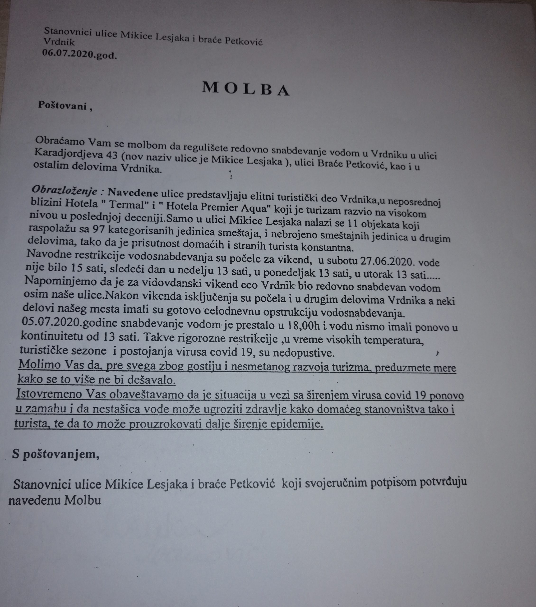 Molba. Vrdnik, vodovod, nestašica vode, bez vode Foto: Privatna arhiva
Mail sa dokumentima prosledila Milica Božinović