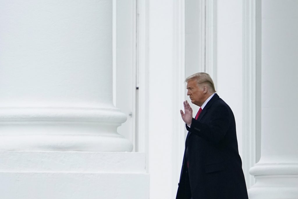 President Donald Trump walks out of the North Portico of the White House, Monday, Oct. 26, 2020, in Washington, as he departs for campaign events in Pennsylvania. (AP Photo/Patrick Semansky)
