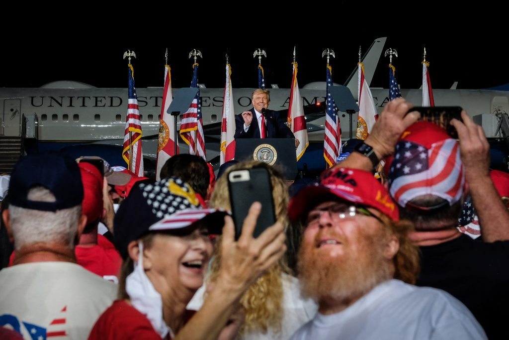 epa08769267 US President Donald J. Trump speaks during a campaign rally in Pensacola, Florida, USA,  23 October 2020. The United States will hold its presidential election on 03 November 2020.  EPA-EFE/MARIO CRUZ