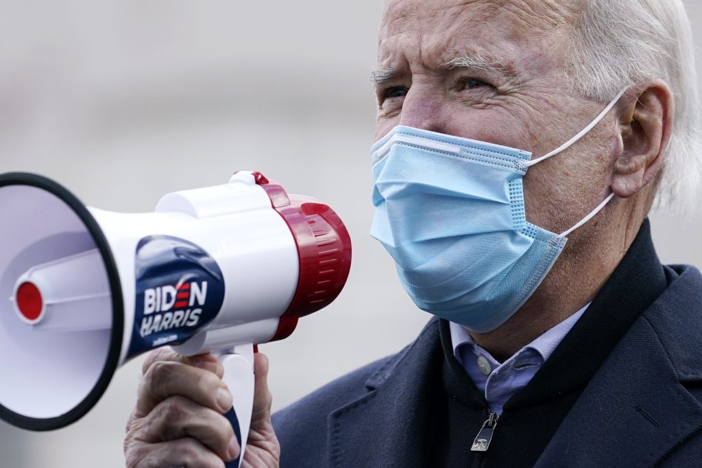 Democratic presidential candidate former Vice President Joe Biden speaks at a campaign canvassing event outside Union Hall 445 in Scranton, Pa., Tuesday, Nov. 3, 2020. (AP Photo/Carolyn Kaster)
