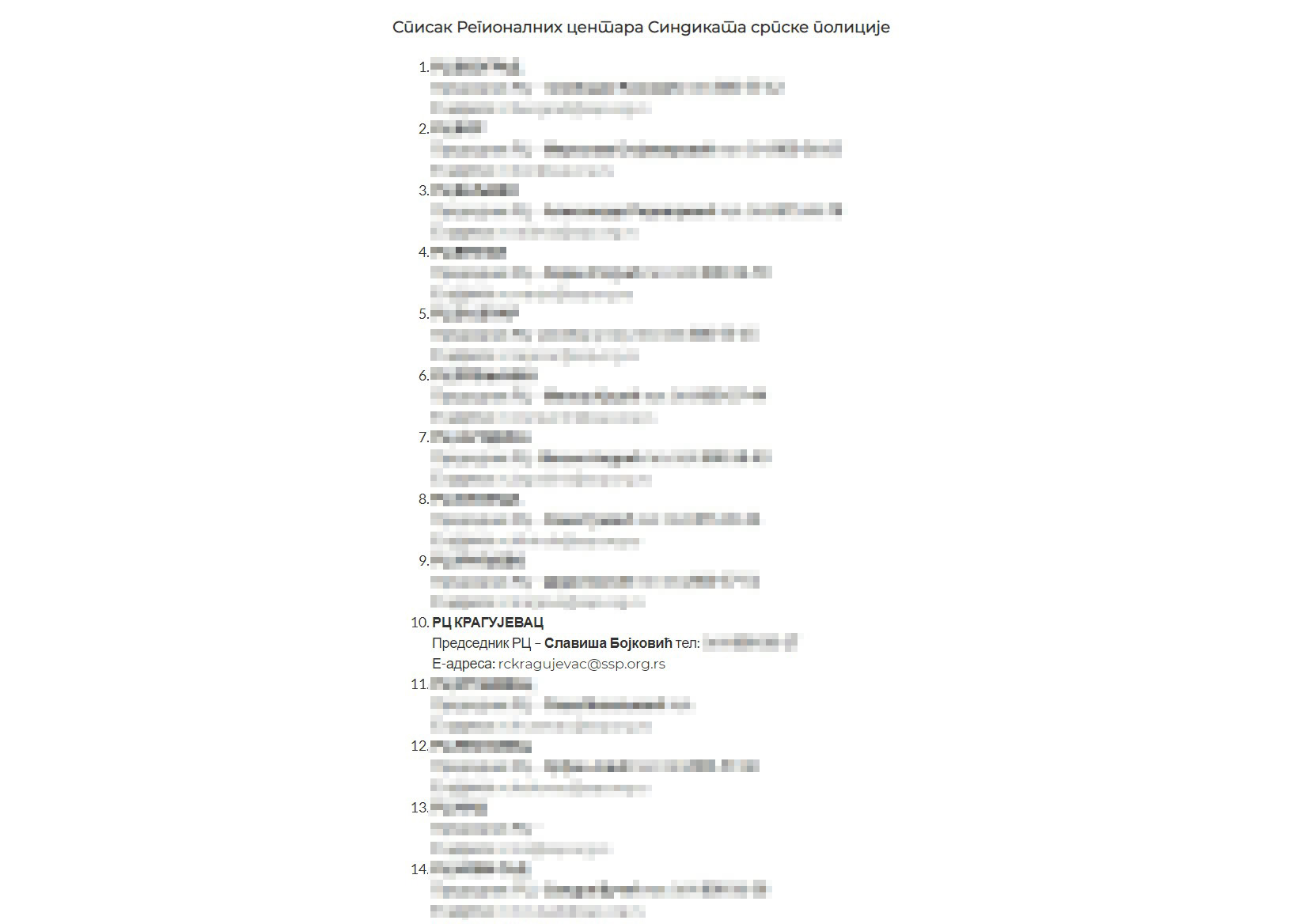 Sindikat srpske policije, spisak regionalnih centara, Slaviša Bojković, Kragujevac