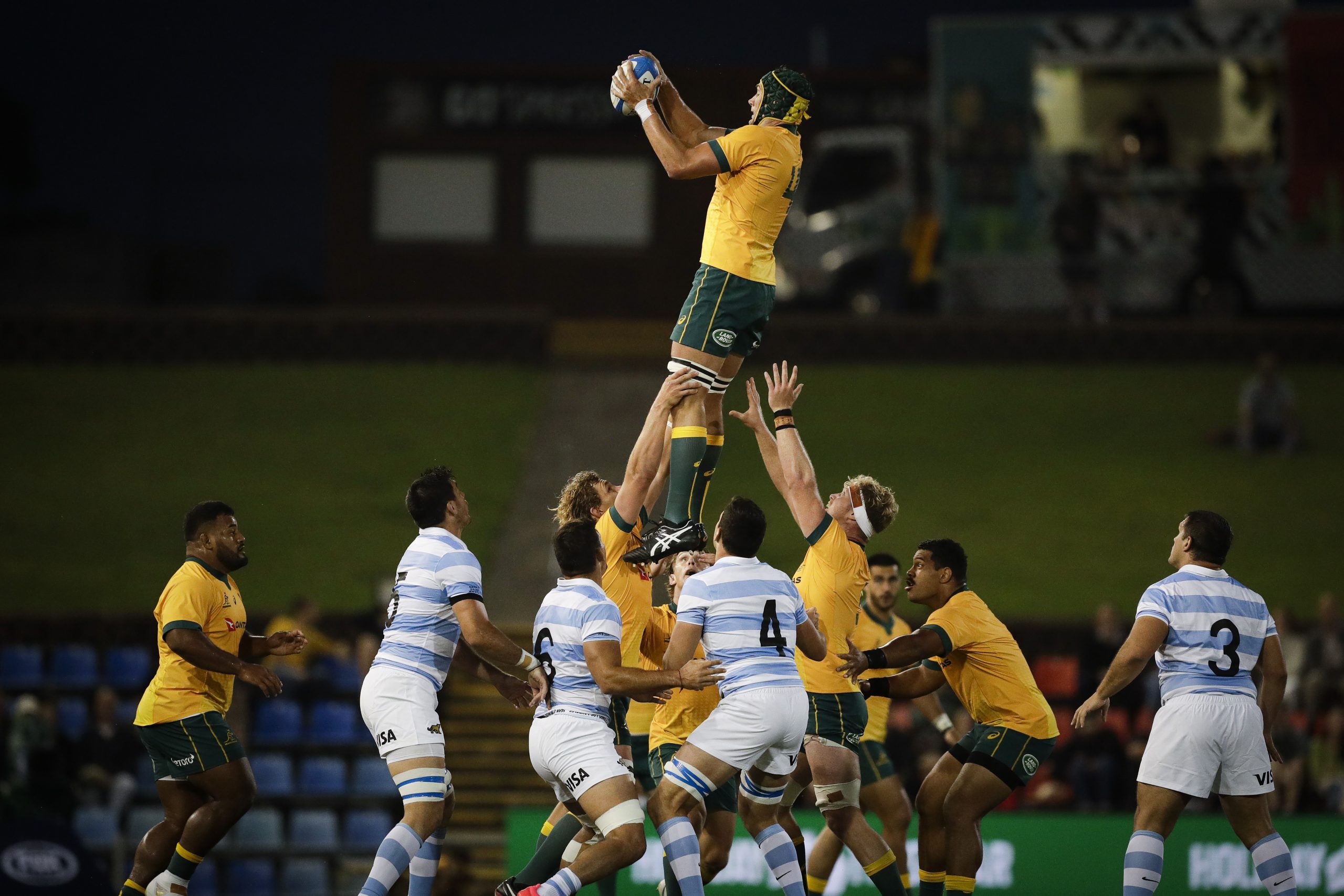 Australia's Rob Simmons catches a high ball during Tri-Nations rugby union match against Argentina in Newcastle, Australia Saturday, Nov. 21, 2020. (AP Photo/Rick Rycroft)