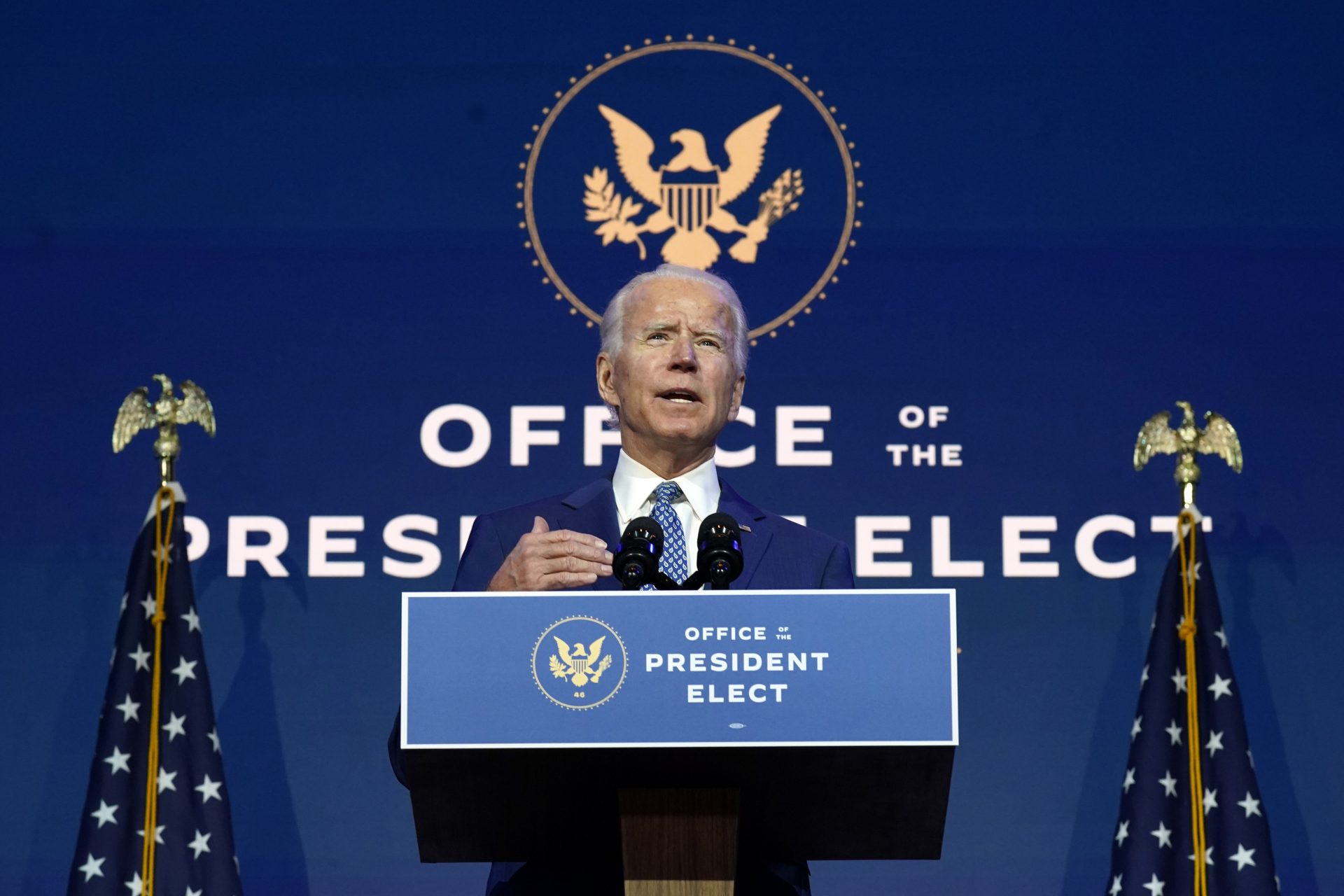 President-elect Joe Biden speaks Monday, Nov. 9, 2020, at The Queen theater in Wilmington, Del. (AP Photo/Carolyn Kaster)