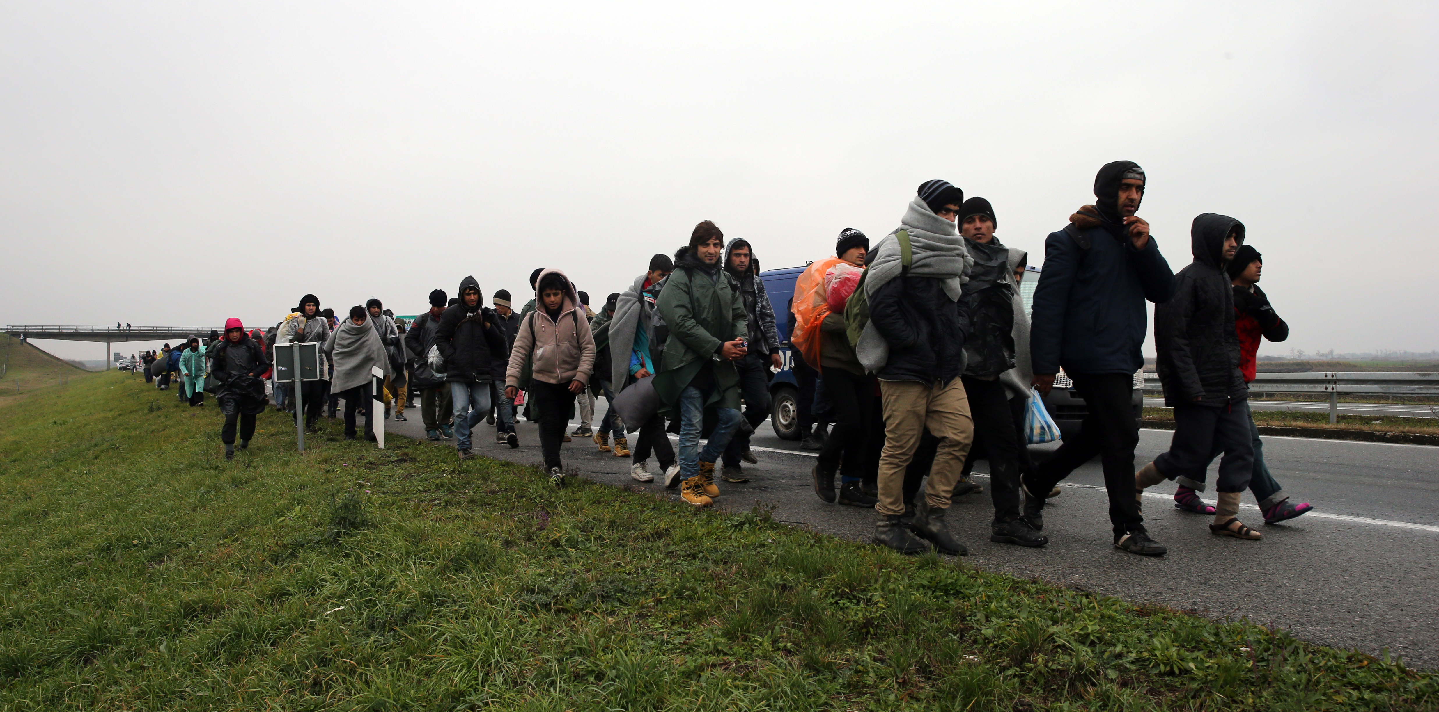 Hundreds of migrants march from Belgrade to Croatian border on the highway Belgrade-Zagreb