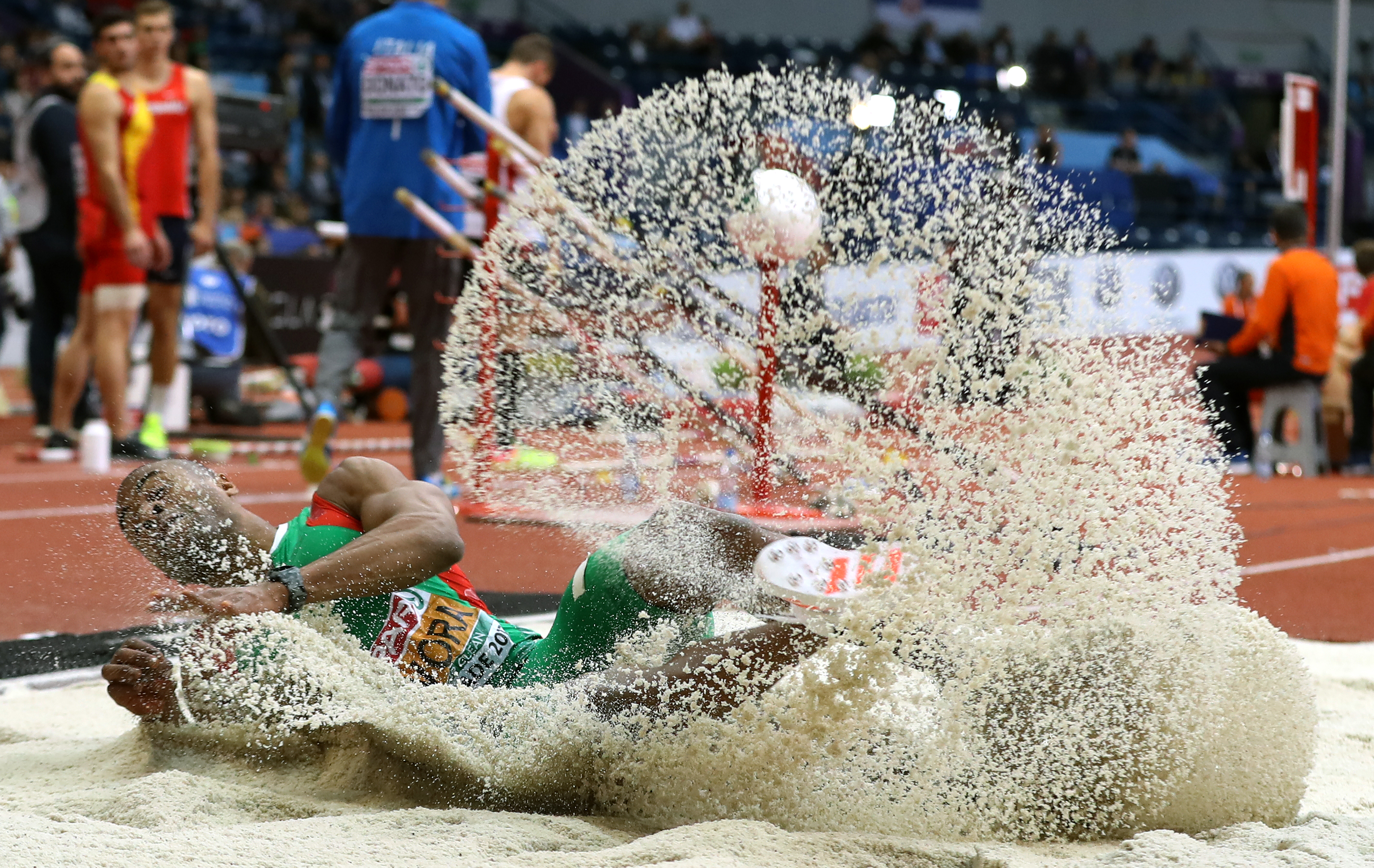 epaselect epa05831436 Portugal 's Nelson Evora in action during the Men's Triple Jump final at the European Athletics Indoor Championships in Belgrade, Serbia, 05 March 2017.  EPA/SRDJAN SUKI