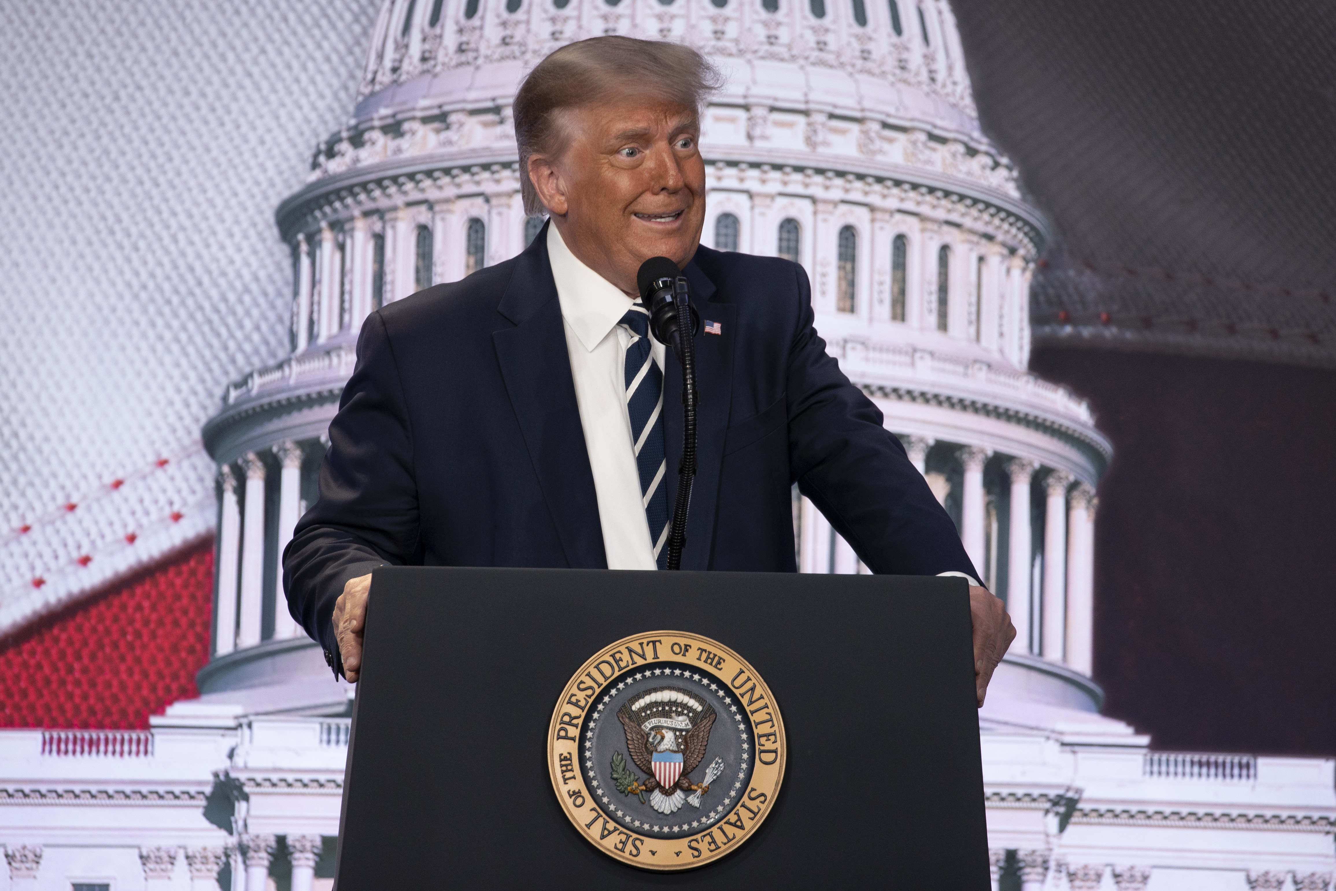 epa08616662 US President Donald J. Trump speaks at the 2020 Council for National Policy Meeting at the Ritz Carlton in Arlington, Virginia, USA on 21 August 2020.  EPA-EFE/TASOS KATOPODIS / POOL