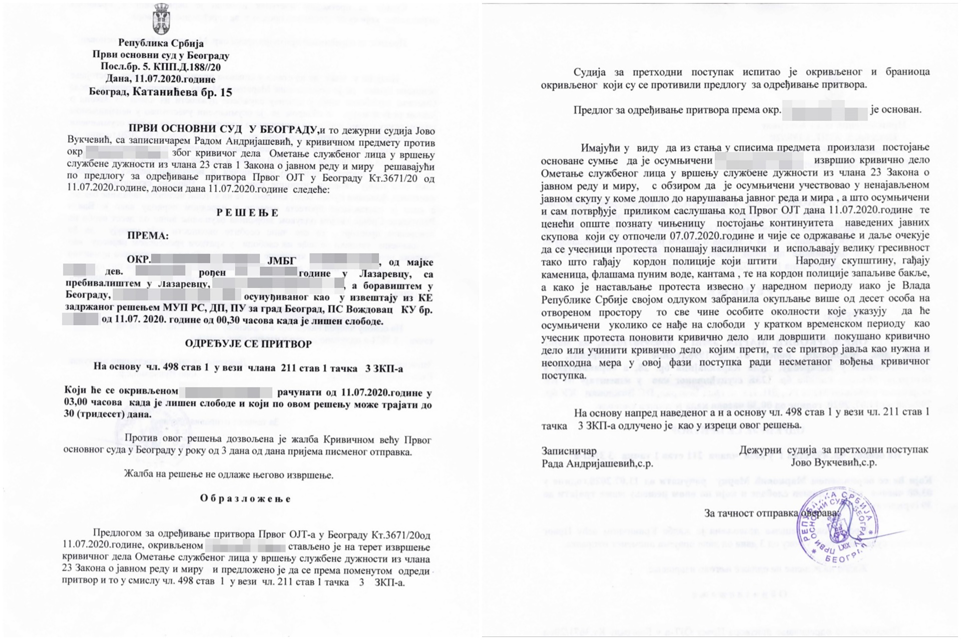 Rešenje o određivanju pritvora Marković Maria