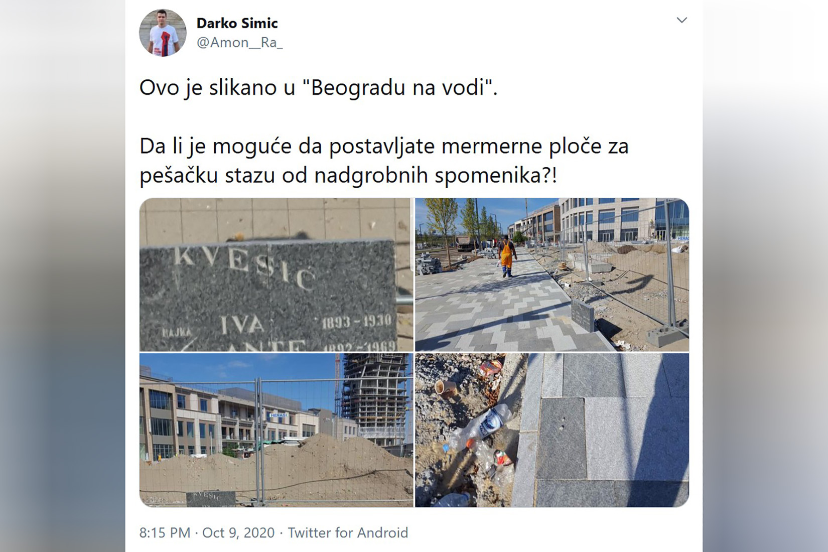 Beograd na vodi, pešačka staza, nadgrobni spomenik Foto: Twitter/Darko Simic/@Amon__Ra_