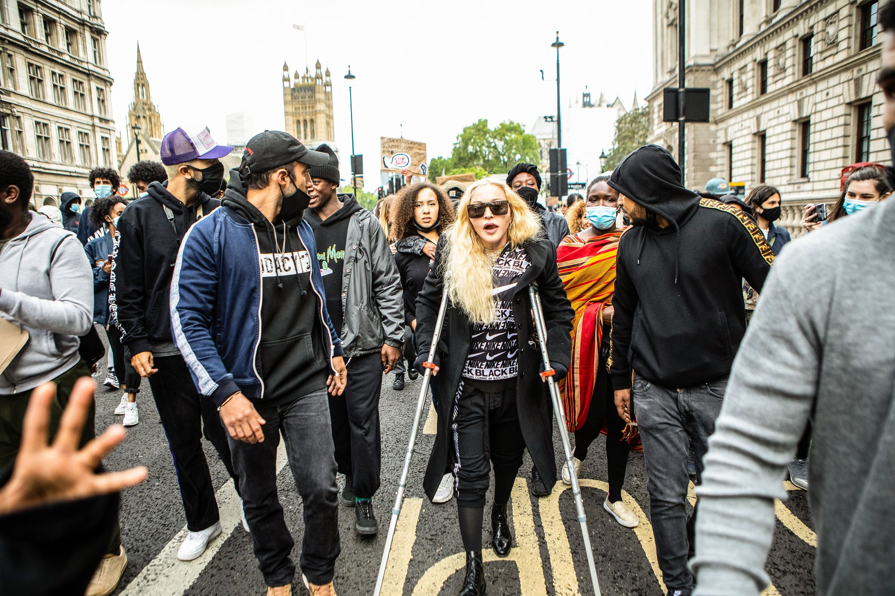 Madonna joins a Black Lives Matter protest in London on crutches