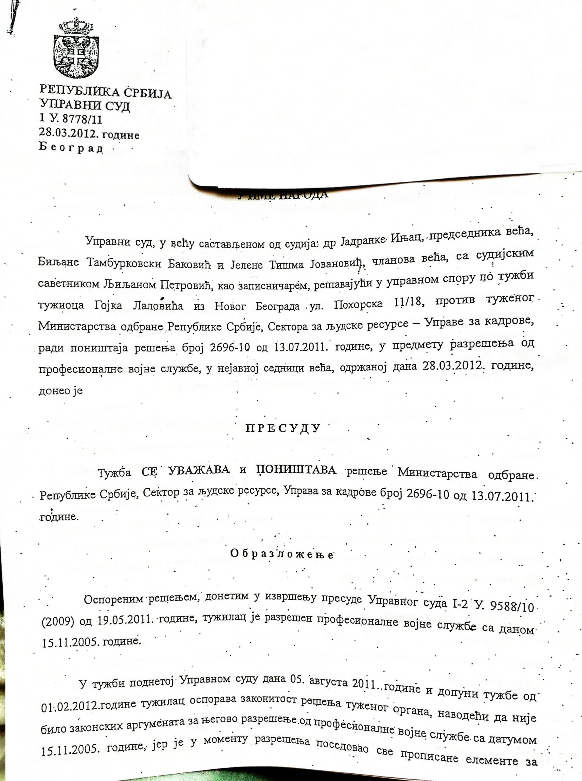 Pukovnik Gojko Lalović, dokument, sudski dokument, stan, pravo na stan Foto: Privatna arhiva