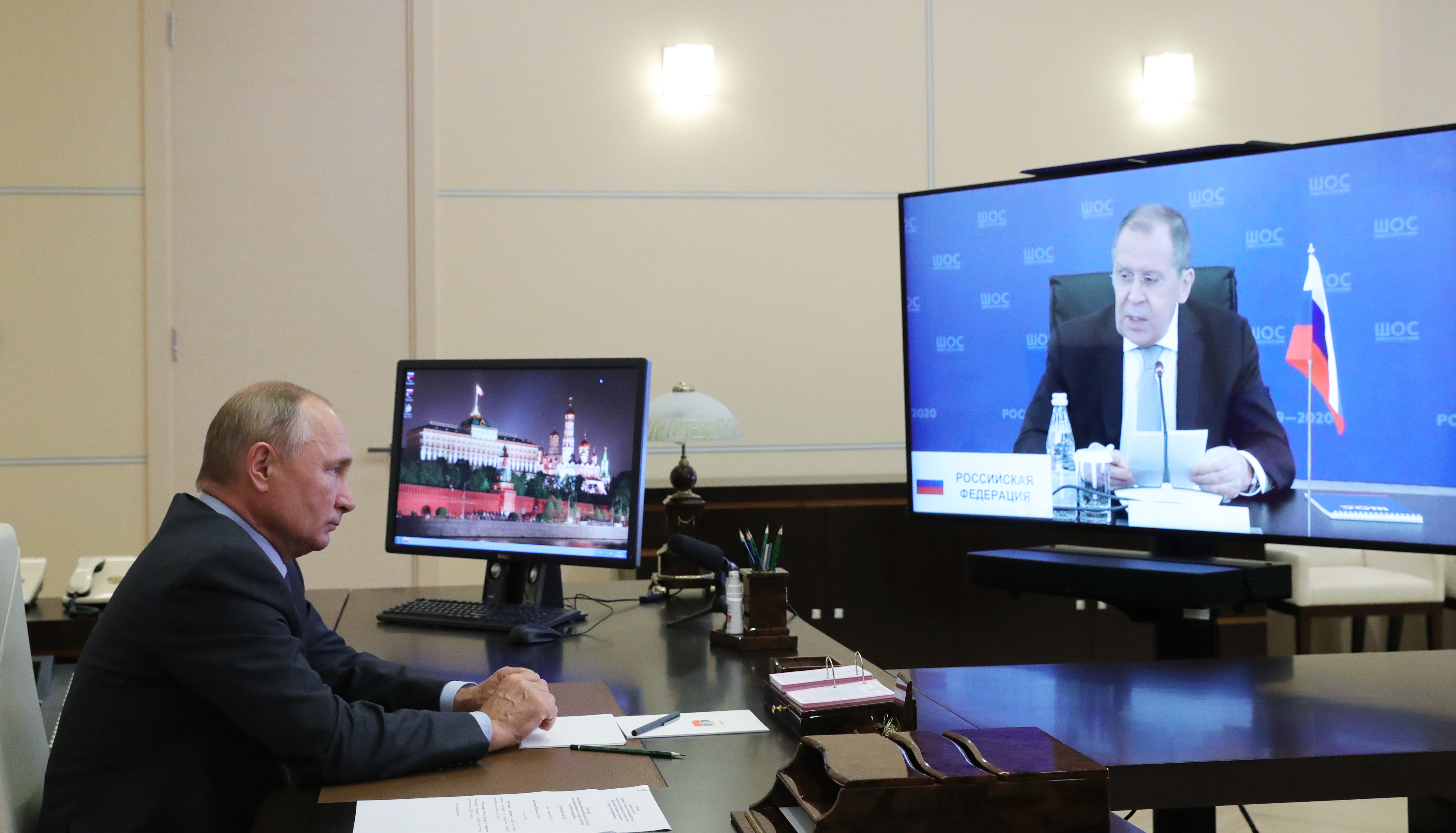 Russian President Vladimir Putin  attends via teleconference  a meeting  with SCO Foreign Ministers