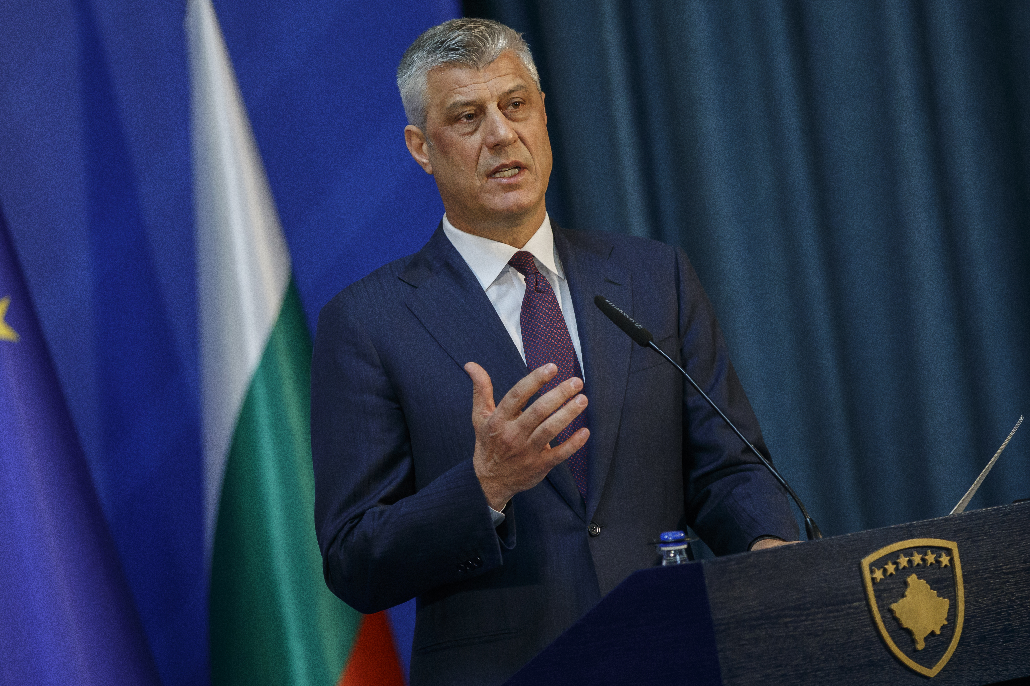 epa06672785 President of the Republic of Kosovo Hashim Thaci gestures during a joined press conference with Bulgarian Prime Minister Boyko Borissov (not pictured) in Pristina, Kosovo, 16 April 2018.  EPA-EFE/VALDRIN XHEMAJ