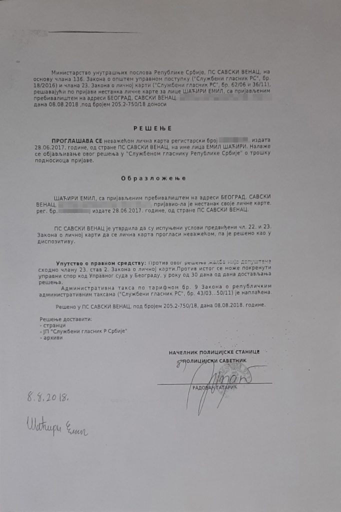 Emil Šaćiri, dokument, dokumenta Foto: Privatna arhiva