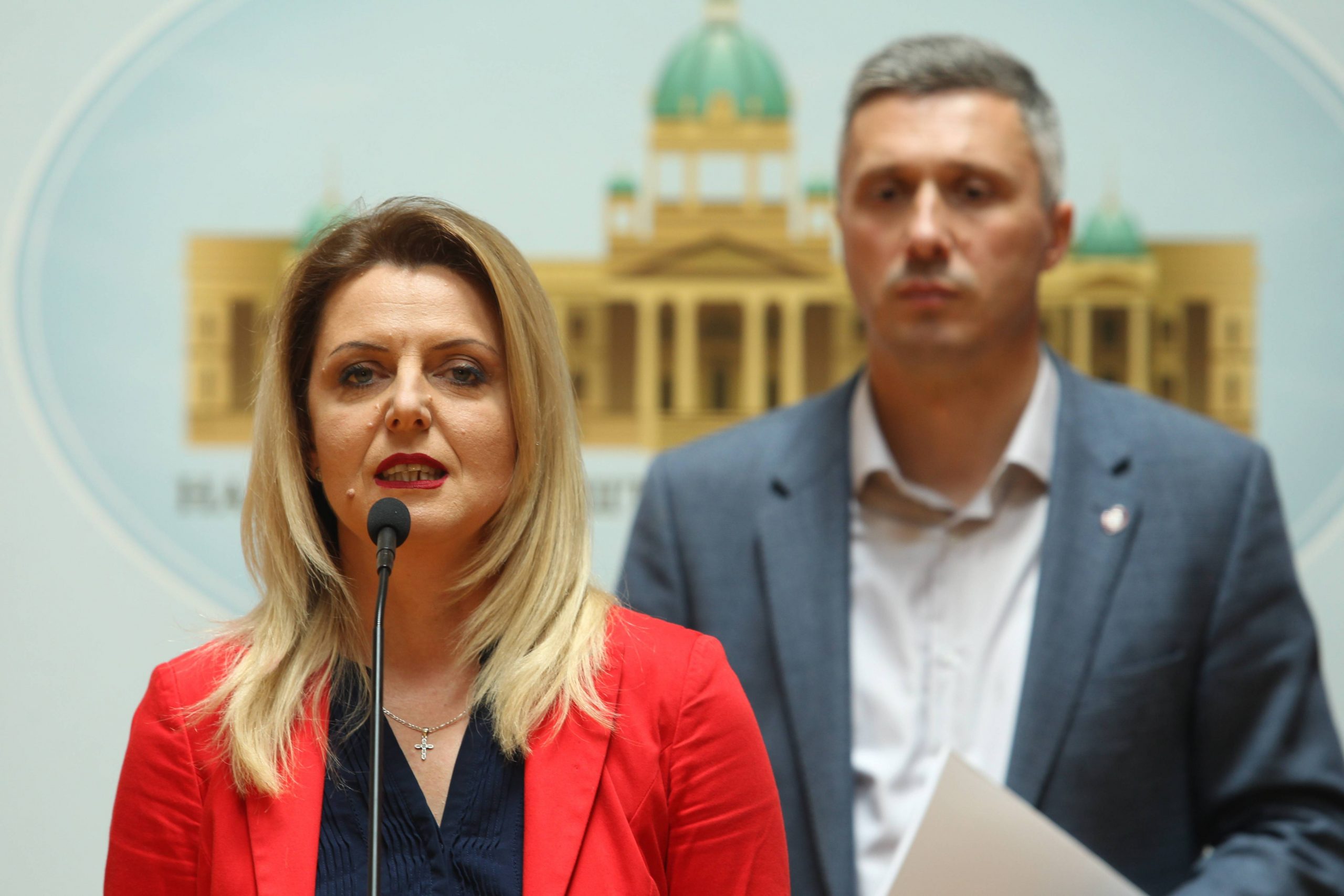 Beograd, 3.06.2020. - Poslanica Dveri Marija Janjusevic govori na konferenciji za novinare, danas u holu Doma Narodne skupstine u Beogradu. (BETAPHOTO/MILAN OBRADOVIC/DS)
