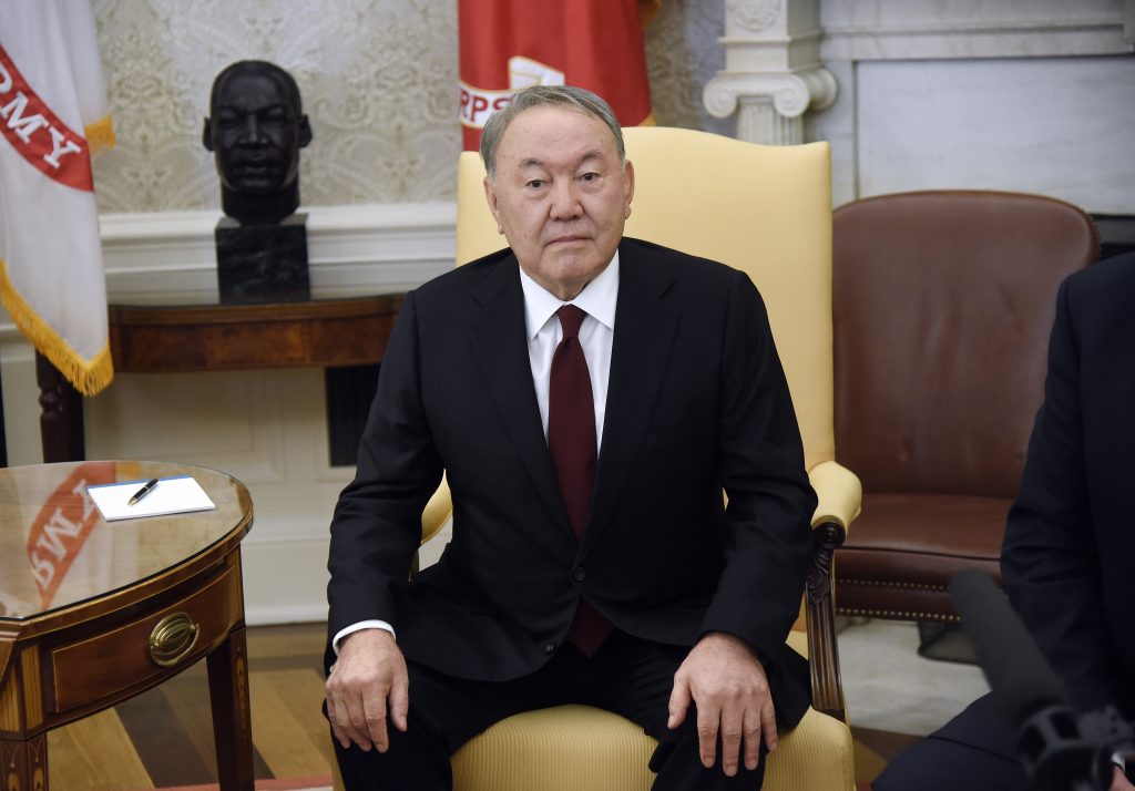 epa06444466 President Nursultan Nazarbayev of Kazakhstan looks on during a meeting with US President Donald J. Trump in the Oval Office of the White House in Washington, DC, USA, 16 January 2018.  EPA-EFE/OLIVIER DOULIERY / POOL