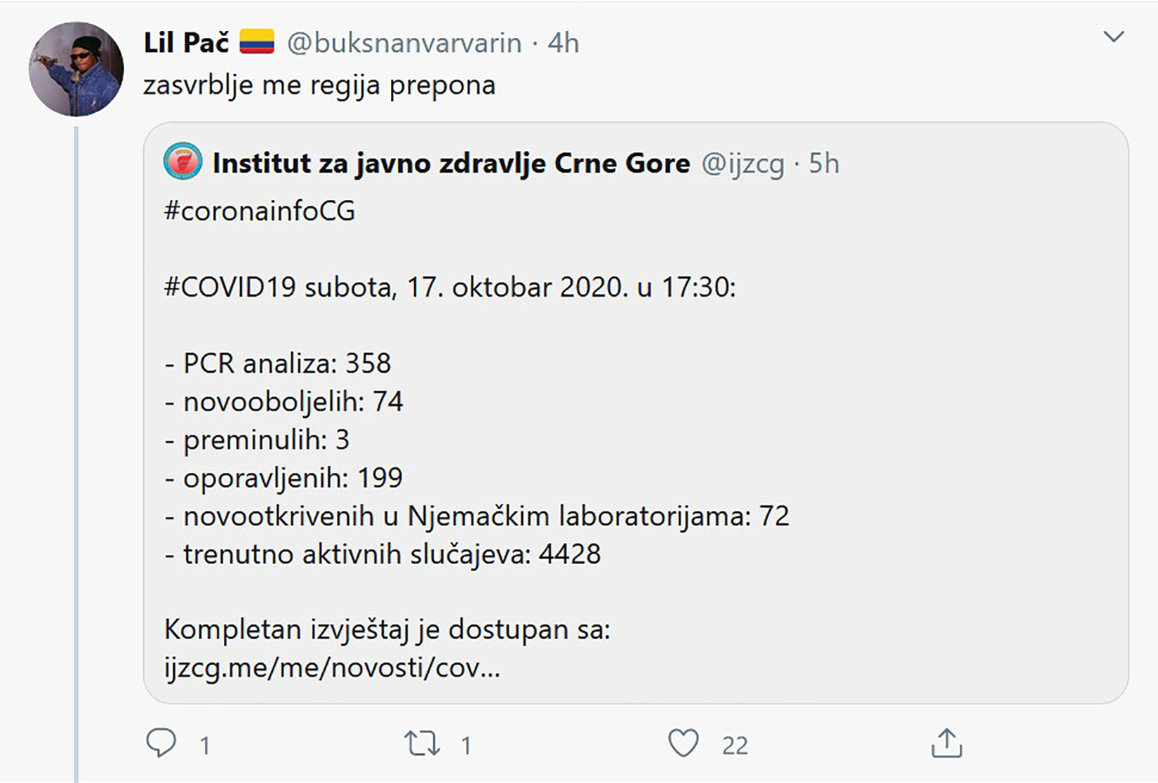 Institut za javno zdravlje Crne Gore Foto: Printscreen/Twitter/Lil Pač/@buksnanvarvarin