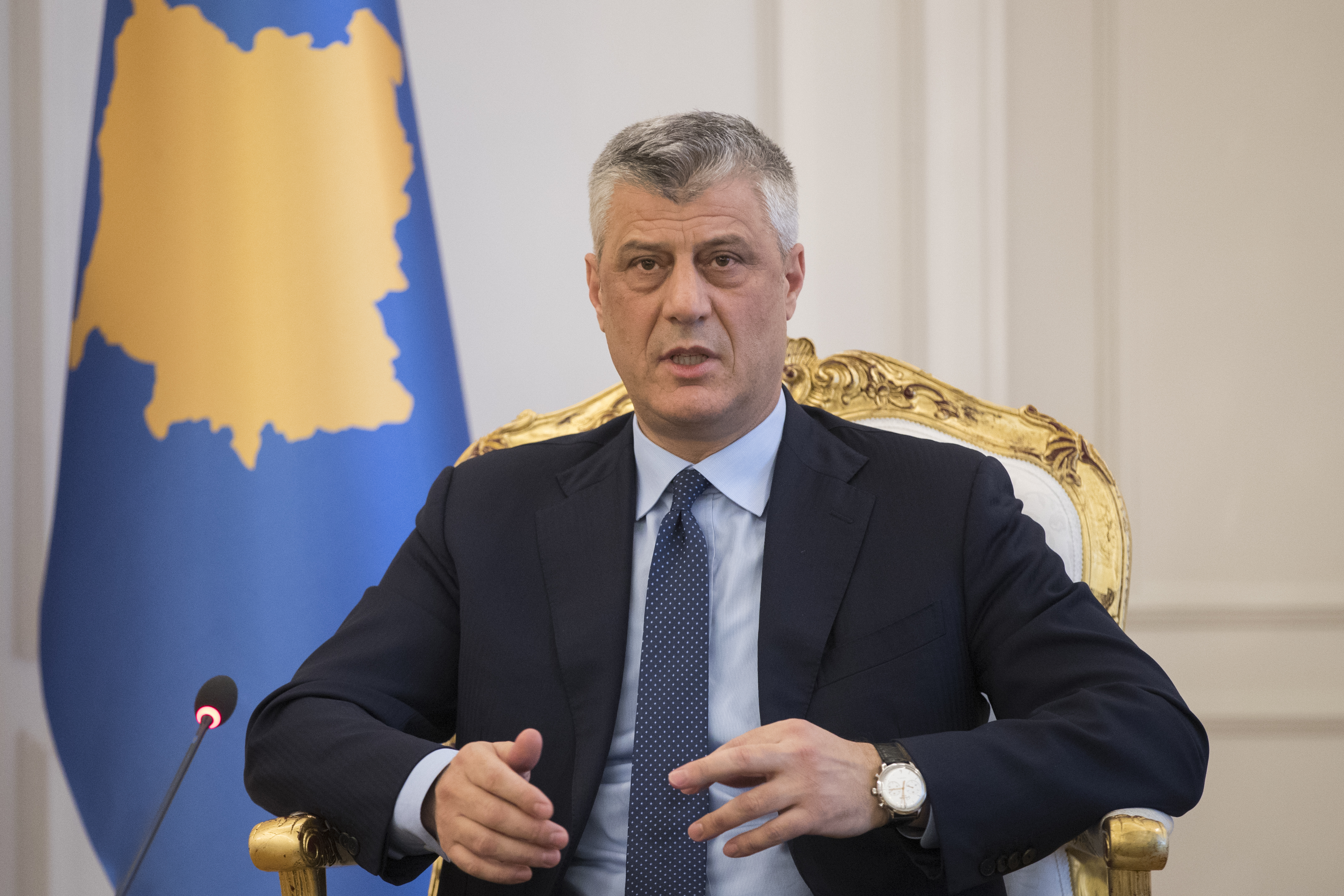epa05792927 President of the Republic of Kosovo Hashim Thaci during his meeting with Norwegian Minister of Foreign Affairs Brende Borge (not pictured) in Pristina, Kosovo, 14 February 2017. Borge is one-day official visit to Kosovo.  EPA/VALDRIN XHEMAJ