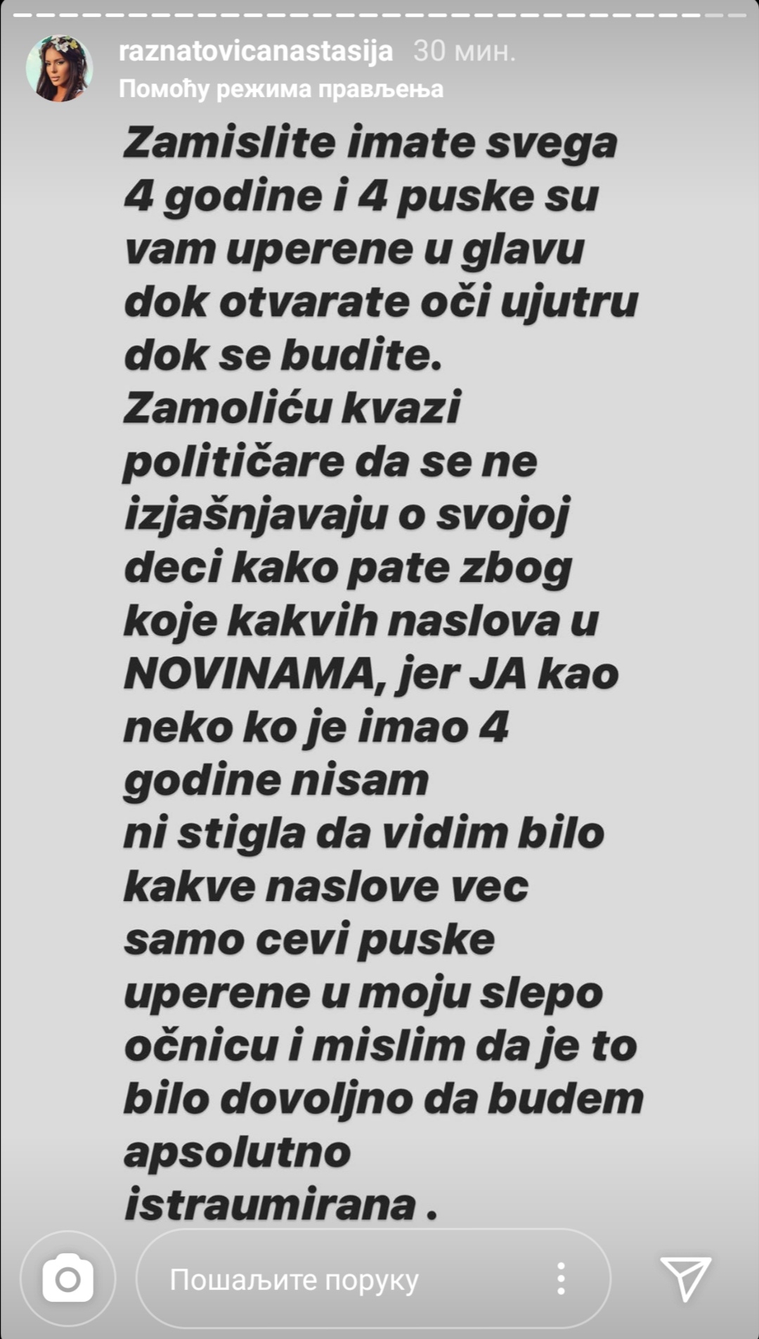 Anastasija Ražnatović, poruka, instagram Foto: Instagram/raznatovicanastasija