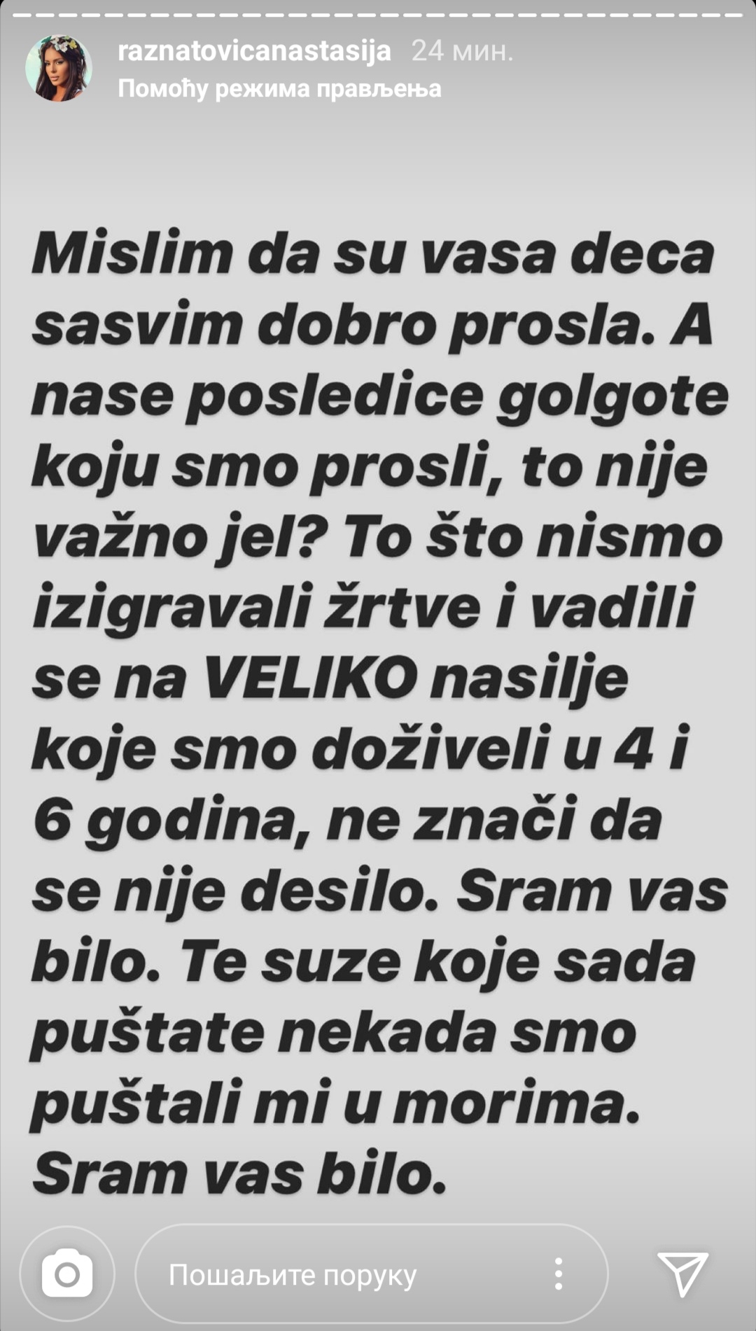 Anastasija Ražnatović, poruka, instagram Foto: Instagram/raznatovicanastasija