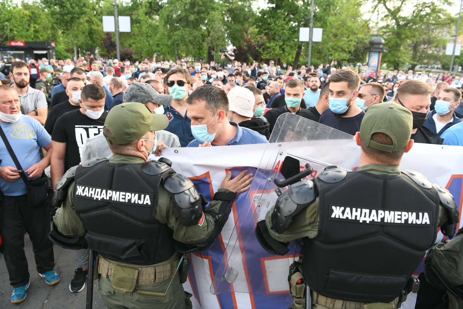 Beograd 11.05.2020. Okupljanje ispred skupštine Srbije, simpatizeri Srpske napredne stranke, SNS, policija, žandarmerija protest Foto:Vesna Lalić/Nova.rs