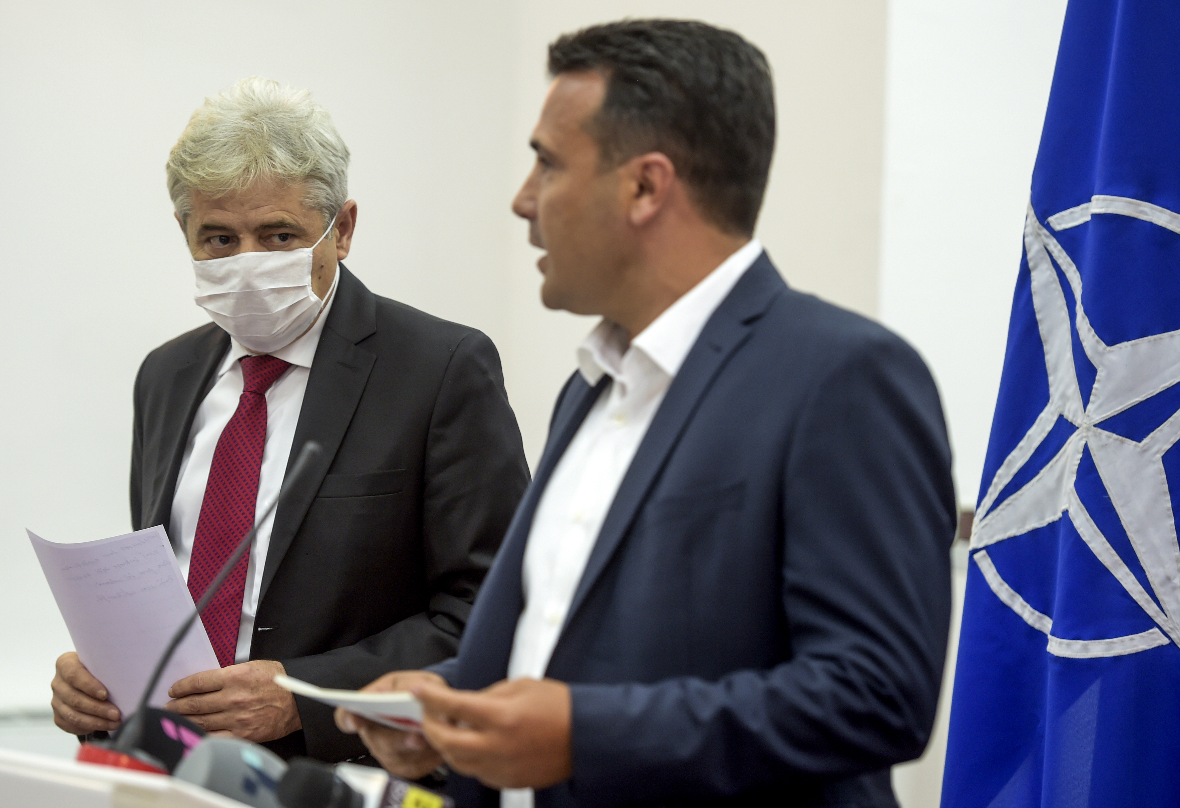 Ali Ahmeti, Zoran Zaev, Leader of SDSM Zoran Zaev accompanied by leader of DUI Ali Ahmeti announced a deal for forming a new Government