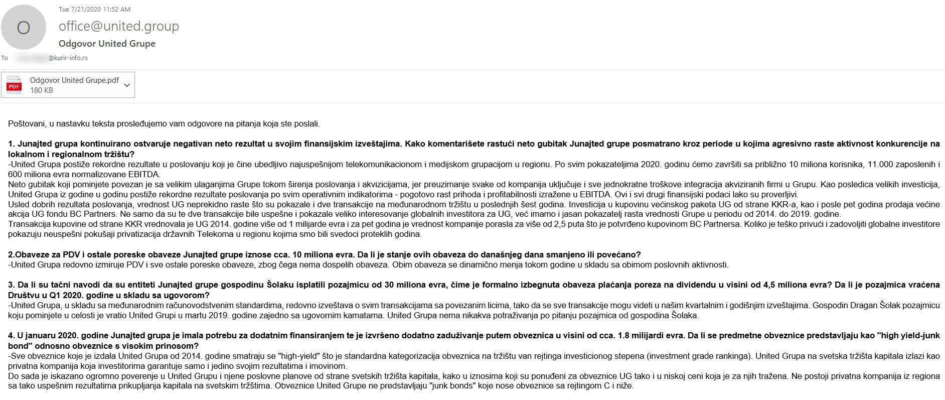 United Group, Junajted grup, odgovor, mail, saopštenje Foto: N1