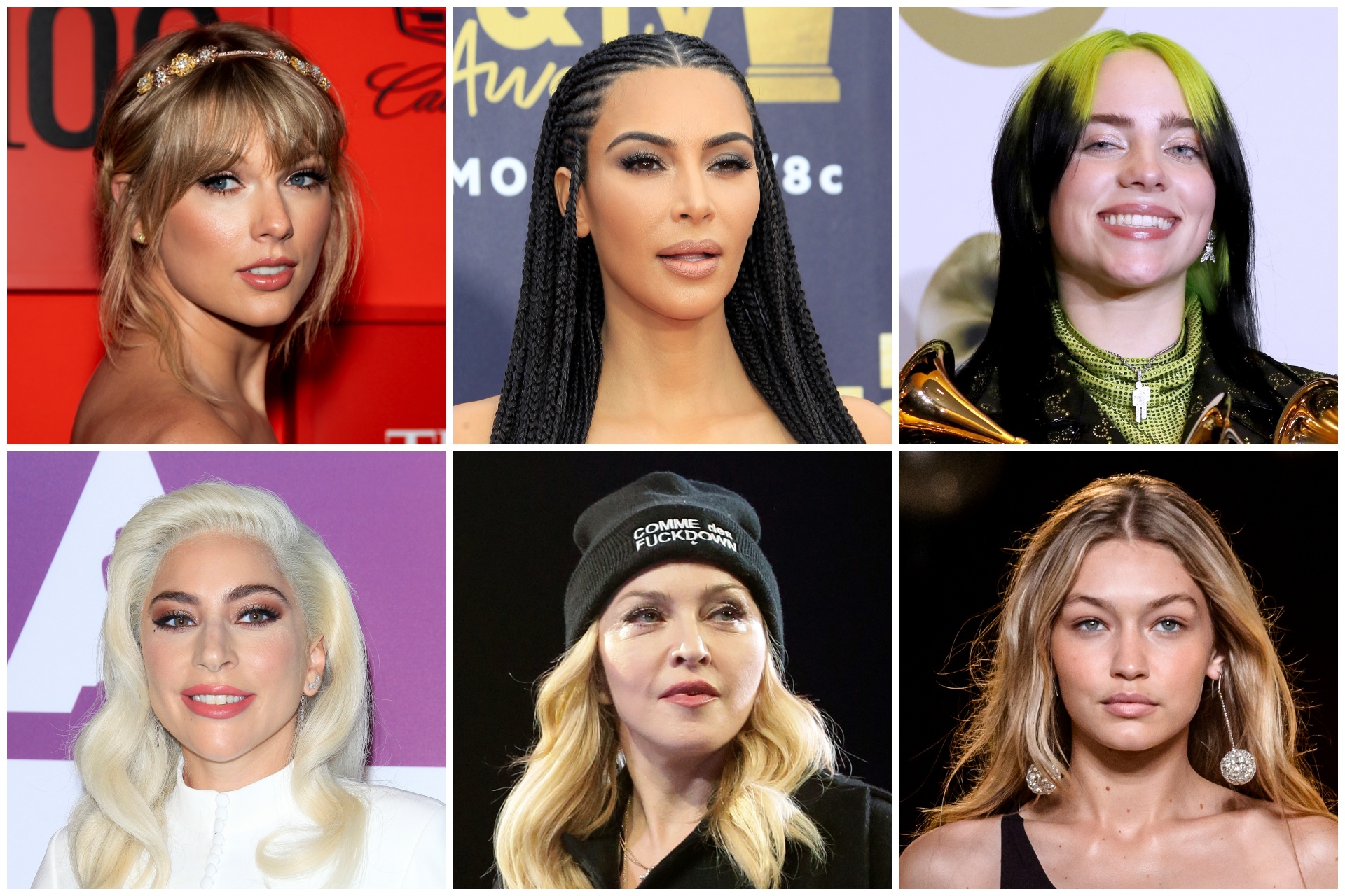 Taylor Swift, Kim Kardashian, Billie Eilish, Lady Gaga, Madonna, Gigi Hadid