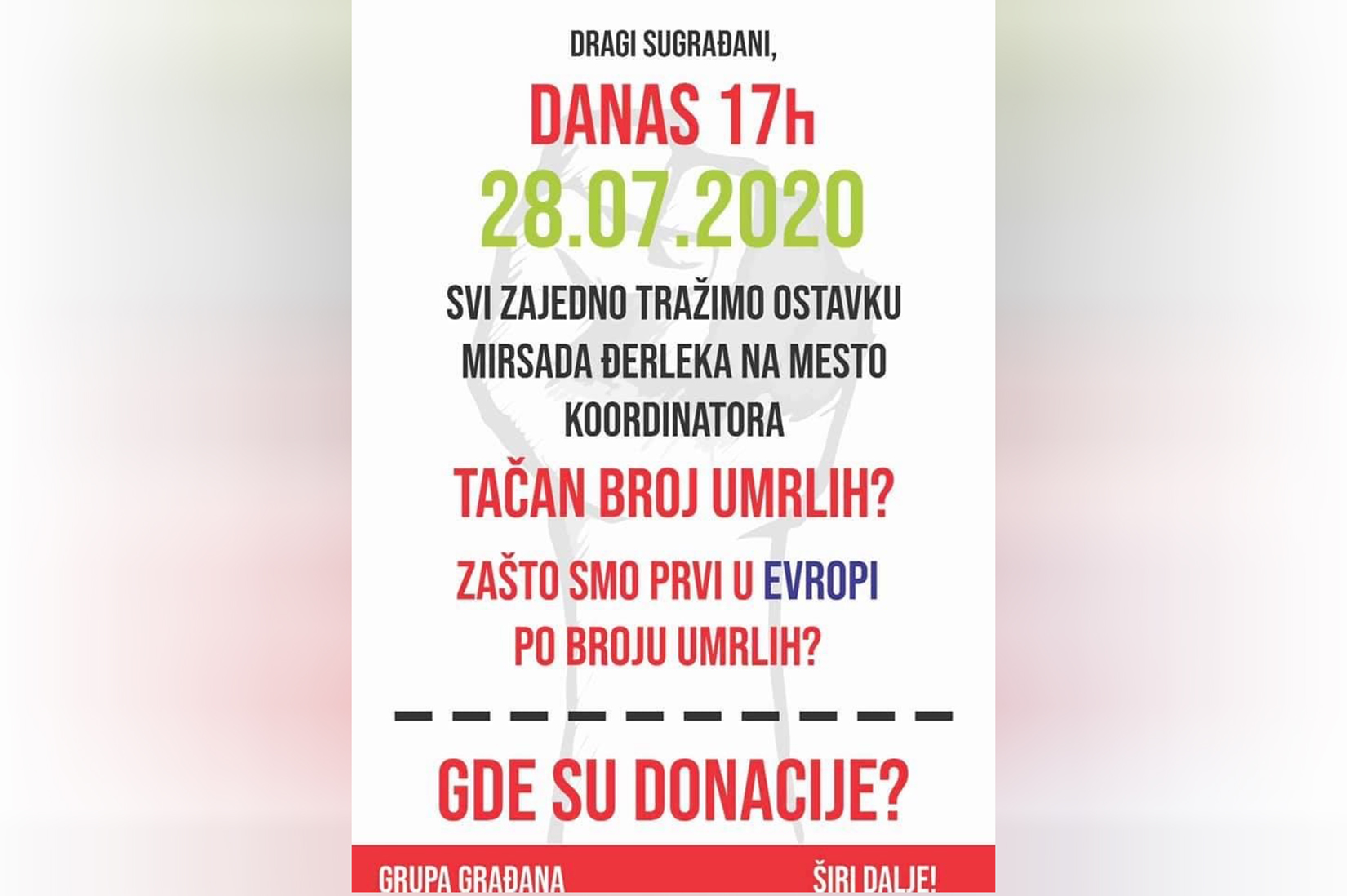 Protest, poziv, plakat, ostavka Mirsad Đerlek, Mirsad Djerlek Foto: Promo