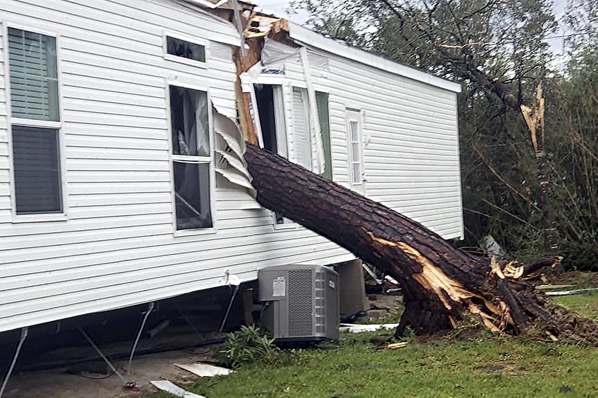 In this image provided by Jessica Ruth Shotwell, a mobile home in a trailer park in Westlake, La., is damaged by a fallen tree, Thursday, Aug. 27, 2020, after Hurricane Laura moved through. (Jessica Ruth Shotwell via AP