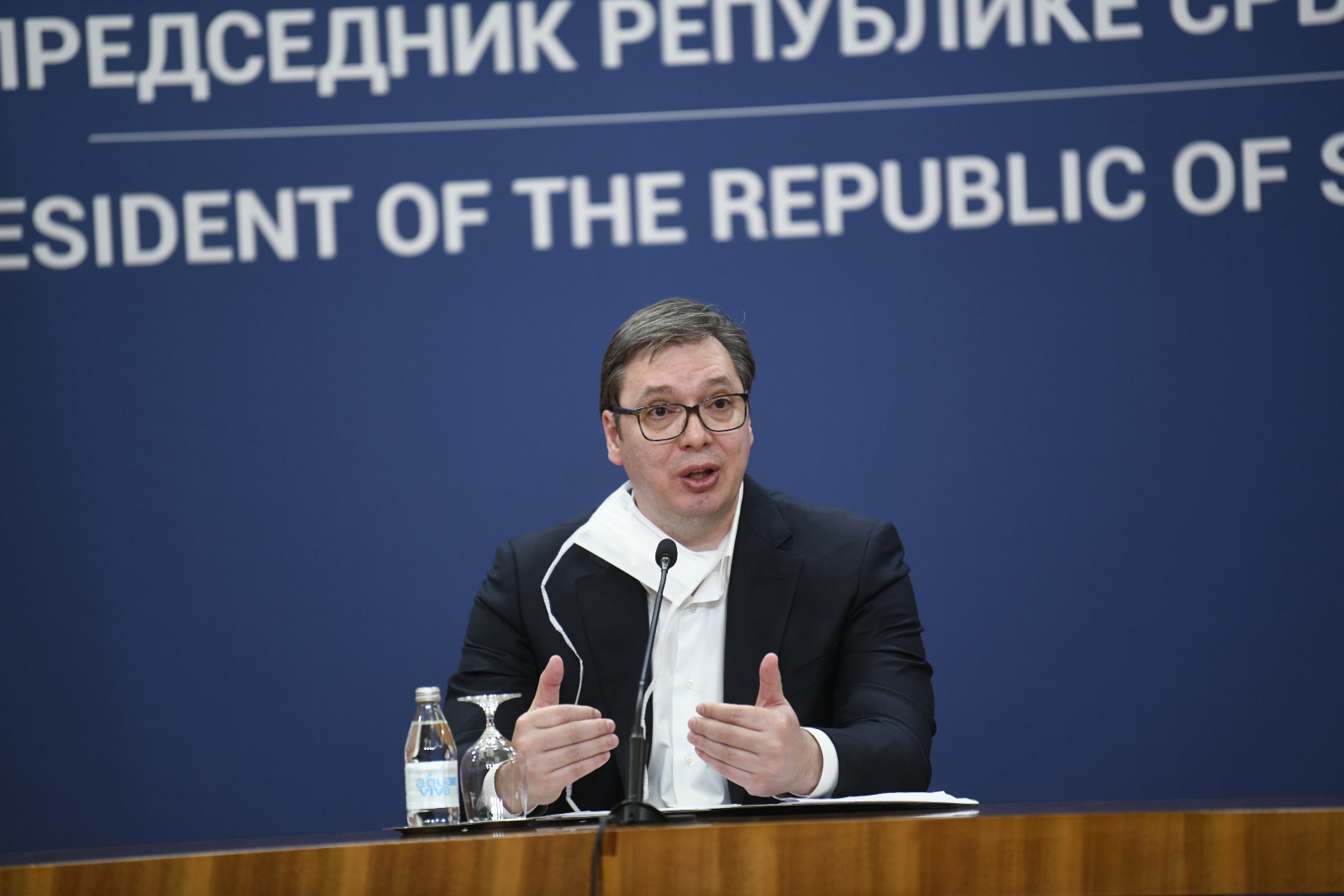 Beograd 21.03.2020. Aleksandar Vučić zaštitna maska Krizni štab konferencija za novinare koronavirus Covid-19  Foto:Nemanja Jovanović/Nova.rs